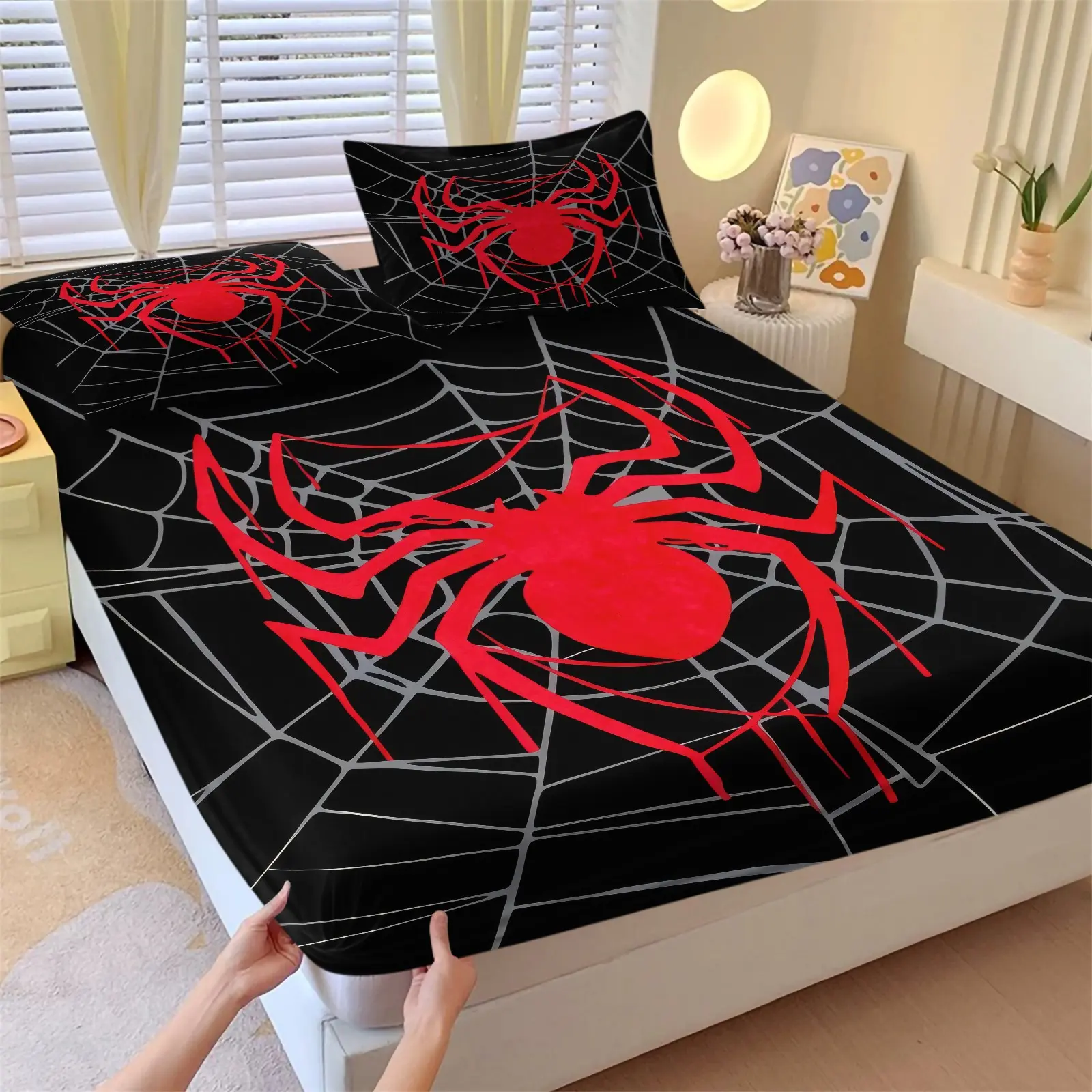 Gothic Red Spider Web Fitted Sheet Set, Dark Horror Arachnid Print Bed Sheets Set, 1 Fitted Sheet & 2 Pillowcase No Filling, Soft Deep Pocket Bedding Set, Gift for Teens Boys Girls Bedroom Decor