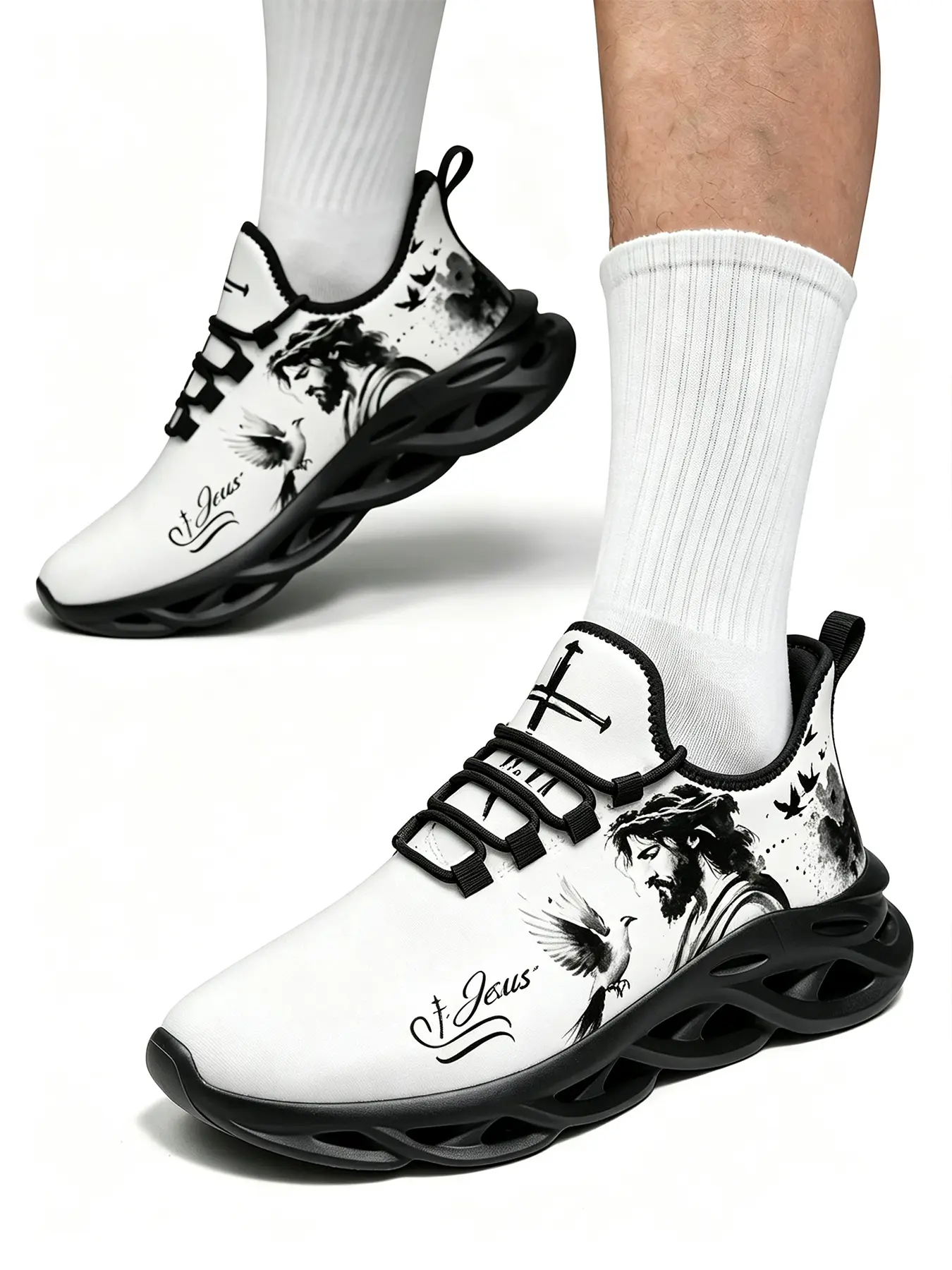 Popular Adult Man Woman Lace Up Trainers Jesus Personalized Design Breathable White Mesh Running Shoes Christian Faith Handwritten Font Thorn Crown Graphic Hollow Wave Sole Casual Athletic Trainers For Men Women