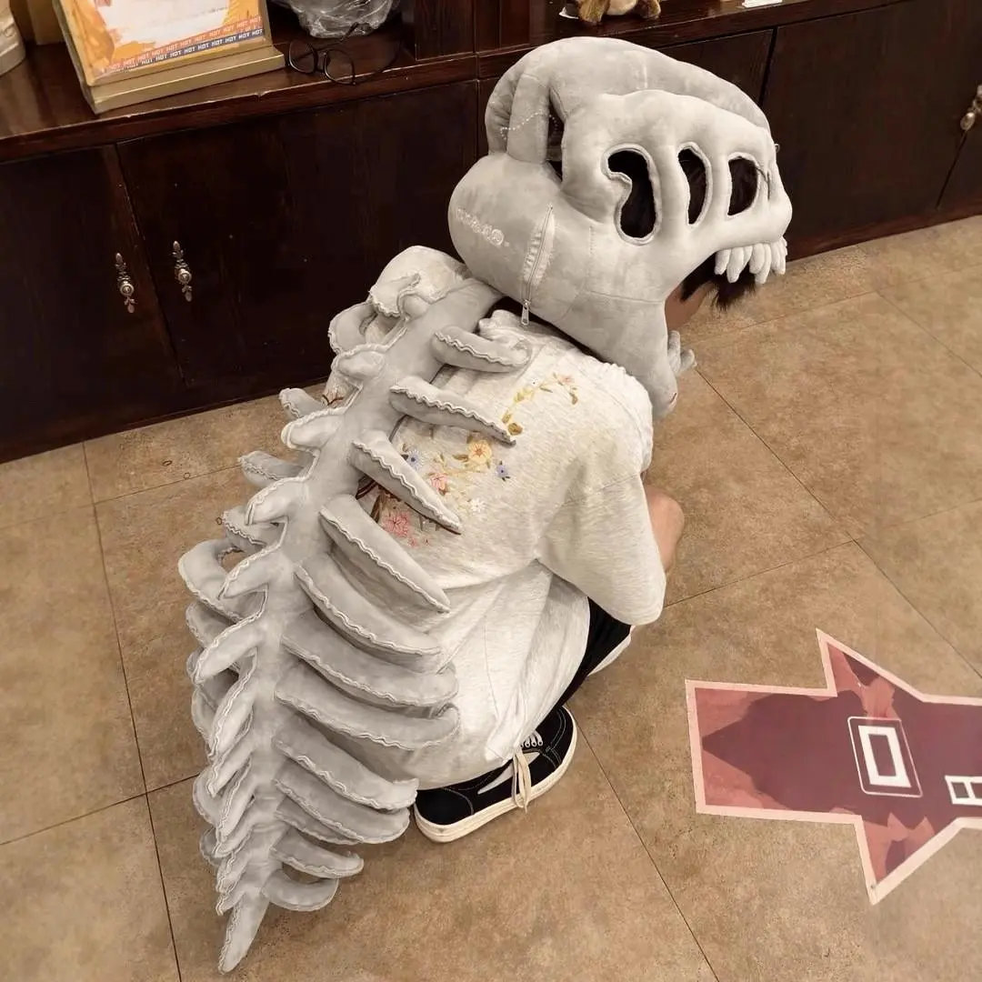 Wearable Soft Dinosaur Skeleton Costume, Realistic Skull Spine Plush Puppet Suit, Halloween Party Cosplay Props for Kids Adults