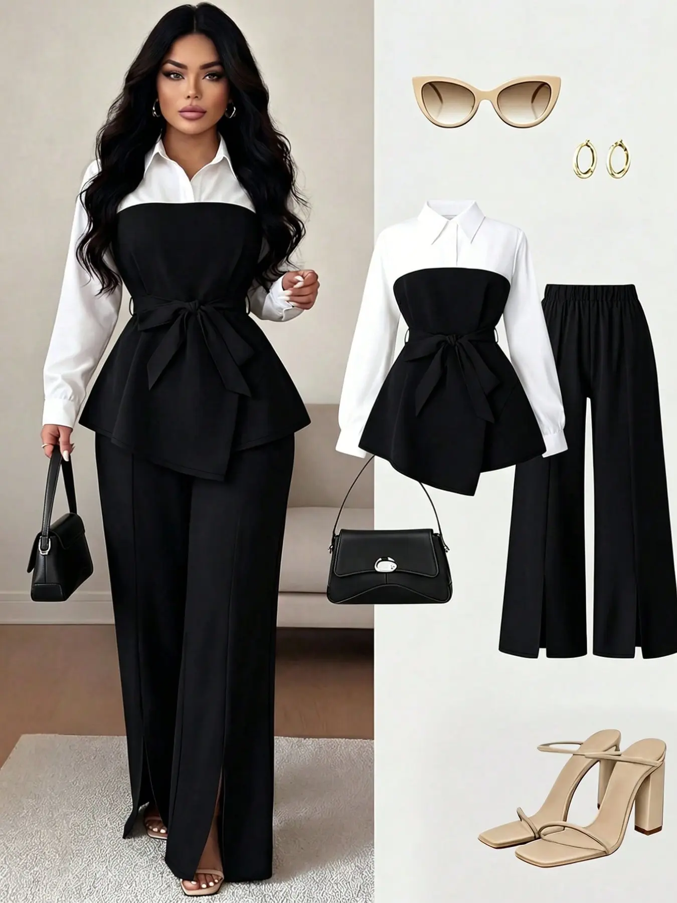 Plus Size Women’s Elegant 2 Piece Pants Set, Contrast Color Patchwork Asymmetrical Hem Long Sleeve Shirt and Straight Leg Slit Pants for Work Office Fall Wear