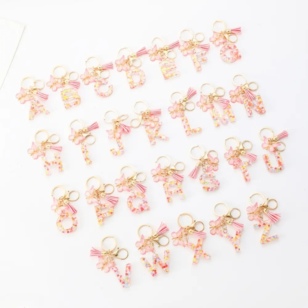 Girl's Personalized Glitter Alphabet Keychain - Pink Resin Initial Pendant, Butterfly Tassel, Anti-Rust Metal Lobster Clasp, DIY Base, All Year Campus Study Bag Accessory for School Backpacks, Car, Sweet