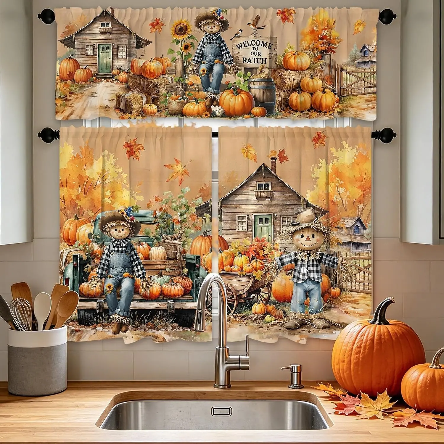Fall Kitchen Curtains and Valances Set 3 PCS Curtain Panels for Window, Curtain for Windows, Scarecrow Farm Kitchen Decor for Bahtroom, Home - Laundry Thanksgiving Farmhouse Short Curtains