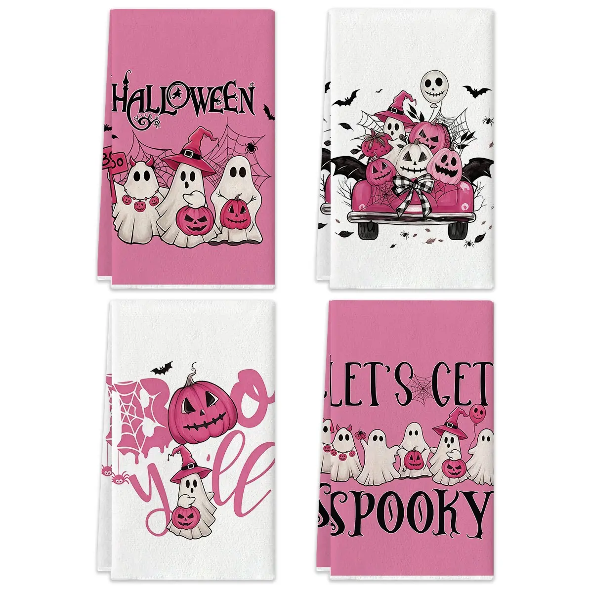 2/4pcs Halloween Funny Kitchen Towels, Pink Ghost Bat Pumpkin Letter Pattern Printed Towel Set, Fun Farmhouse Vintage Family Party Decoration, Soft Quick Drying Halloween Home Decoration Towel Set (15.7x23.6 inches) Multi functional Kitchen Towels