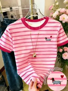 Summer Women's Short Sleeve T-Shirt, and Striped Round Neck, Cute Puppy Heart Print, Light Blue Trim, Casual Fitted Tee