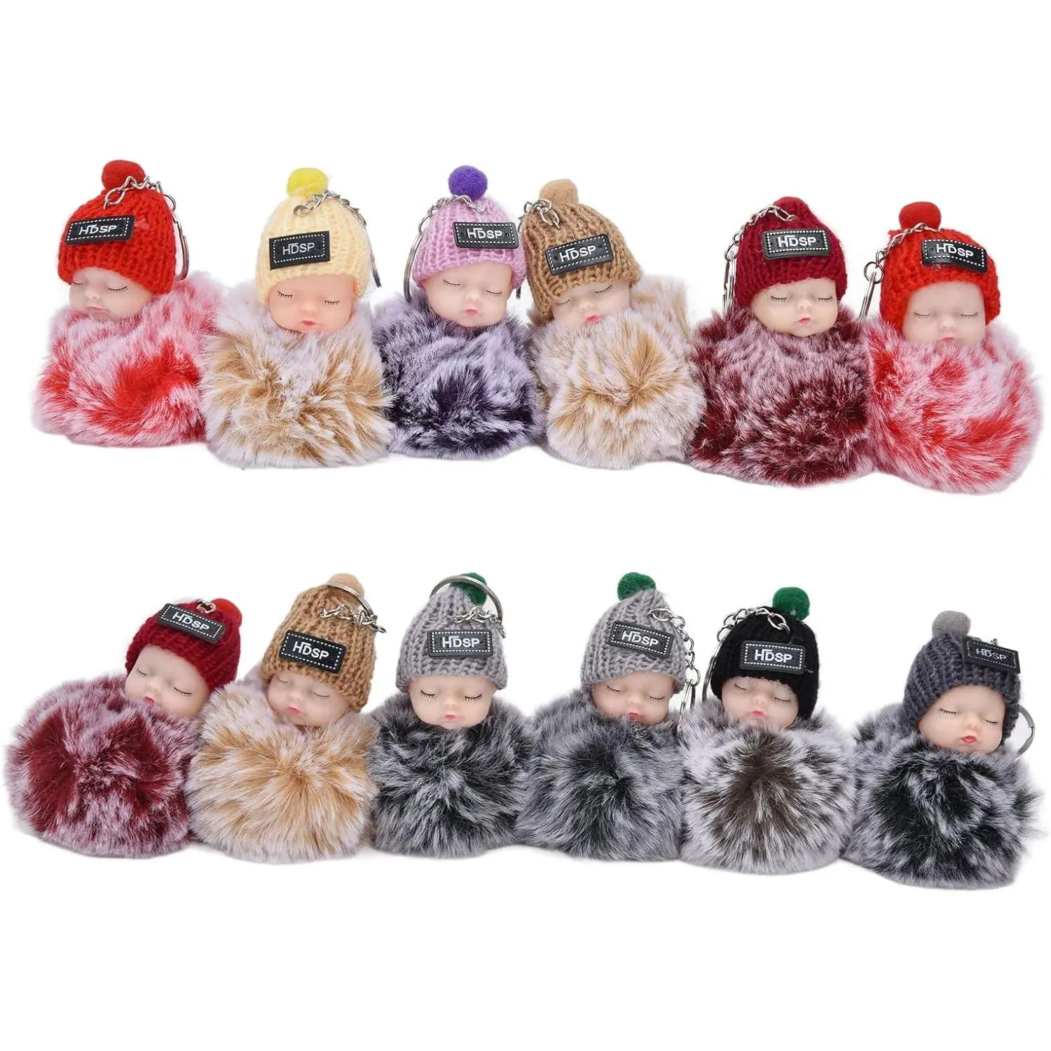 6 Pcs Small Simple Fluffy Pom Pom Doll Keychain Multipack - Cute Sleeping Baby with Knitted Hat, Flexible Limbs Fabric Pendant for Kids' Handbags, Birthday Gift, No Warning Applicable