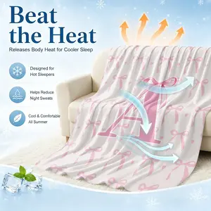 Arc-Chill Cooling Blanket Q-Max >0.4 Cool Fiber Summer Cooling Throw for Hot Sleepers Cute Pink Bow & Monogram A-Z Print Lightweight Blanket for Girls Teens Bedroom Couch Soft Blanket Throw