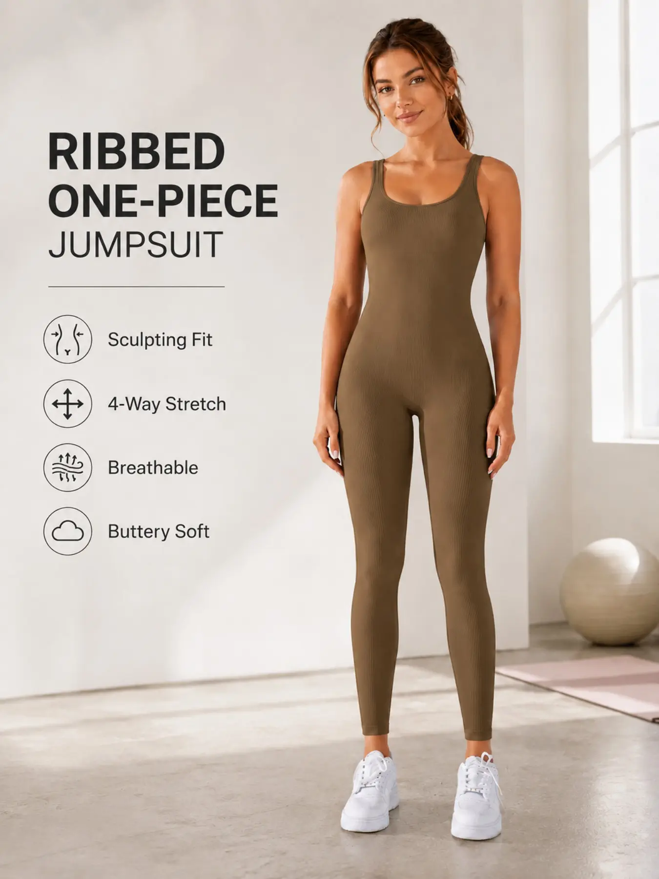 Women's Ribbed Knit Tight Bodysuit, U-Neck Sleeveless Open Back One-Piece Workout Ribbed Jumpsuits, Butt-Lifting Slim Fit Yoga Training Outfit Stretchy Sports Jumpsuit For Women