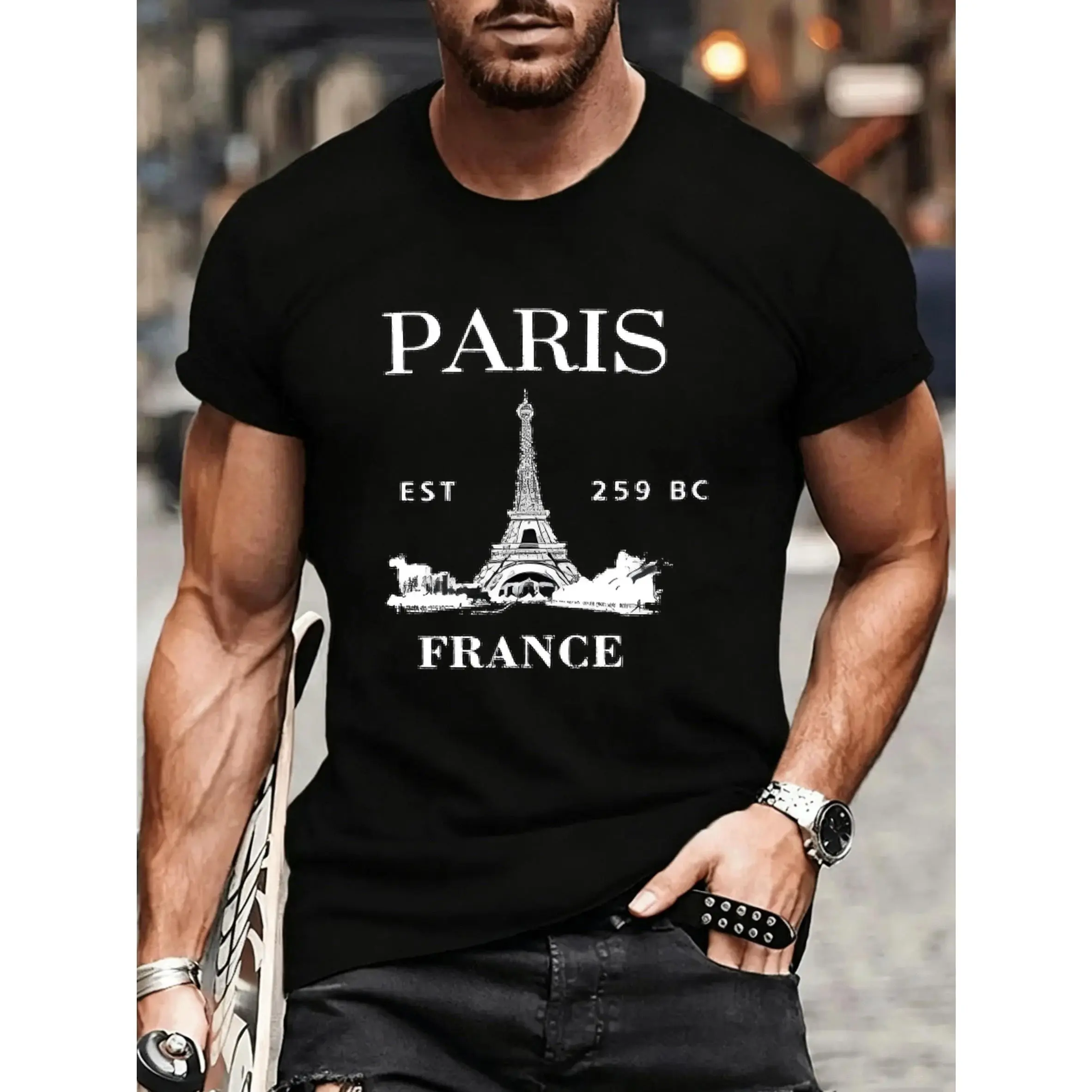 Men's Vintage French Paris Eiffel Tower T-Shirt - Retro French Landmark Short Sleeve Tee with Iconic Tower, Round Neck Casual Summer Shirt Suitable for Travel & Casual Attire, Machine Washable French-Themed Apparel