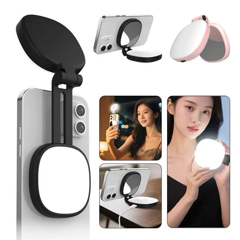 MyGo 3-in-1 MagSafe Magnetic Selfie Light, Rechargeable Portable LED Fill Light with Built-in Mirror & Phone Stand, 3 Color Modes, Ideal for Makeup, Live Streaming, Vlogging & Video Calls, Compatible with iPhone 17