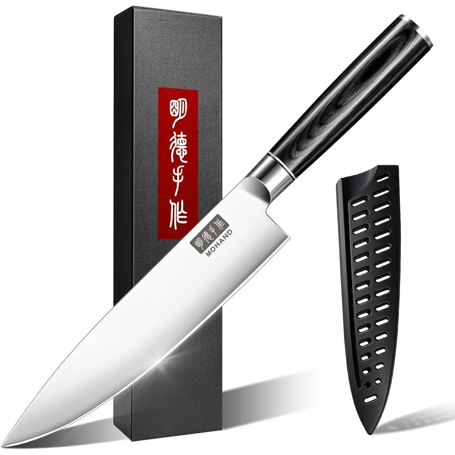 Kitchen Chef Knife, MDHAND 8 Inch High Carbon Stainless Steel Japanese Kitchen Knife with Black Pakkawood Handle, Ultra Sharp Cooking Knife for Meat Vegetable Cutting, Home & Restaurant, Best Gift
