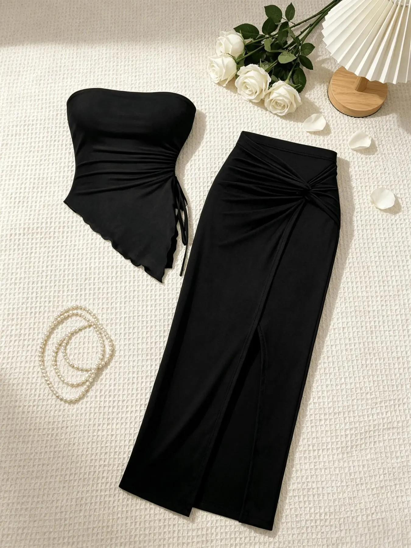 Women's Asymmetrical Wave Hem Drawstring Ruched Strapless Top, High Waist Front Knot Split Midi Skirt, Casual Party Slim Fit Set