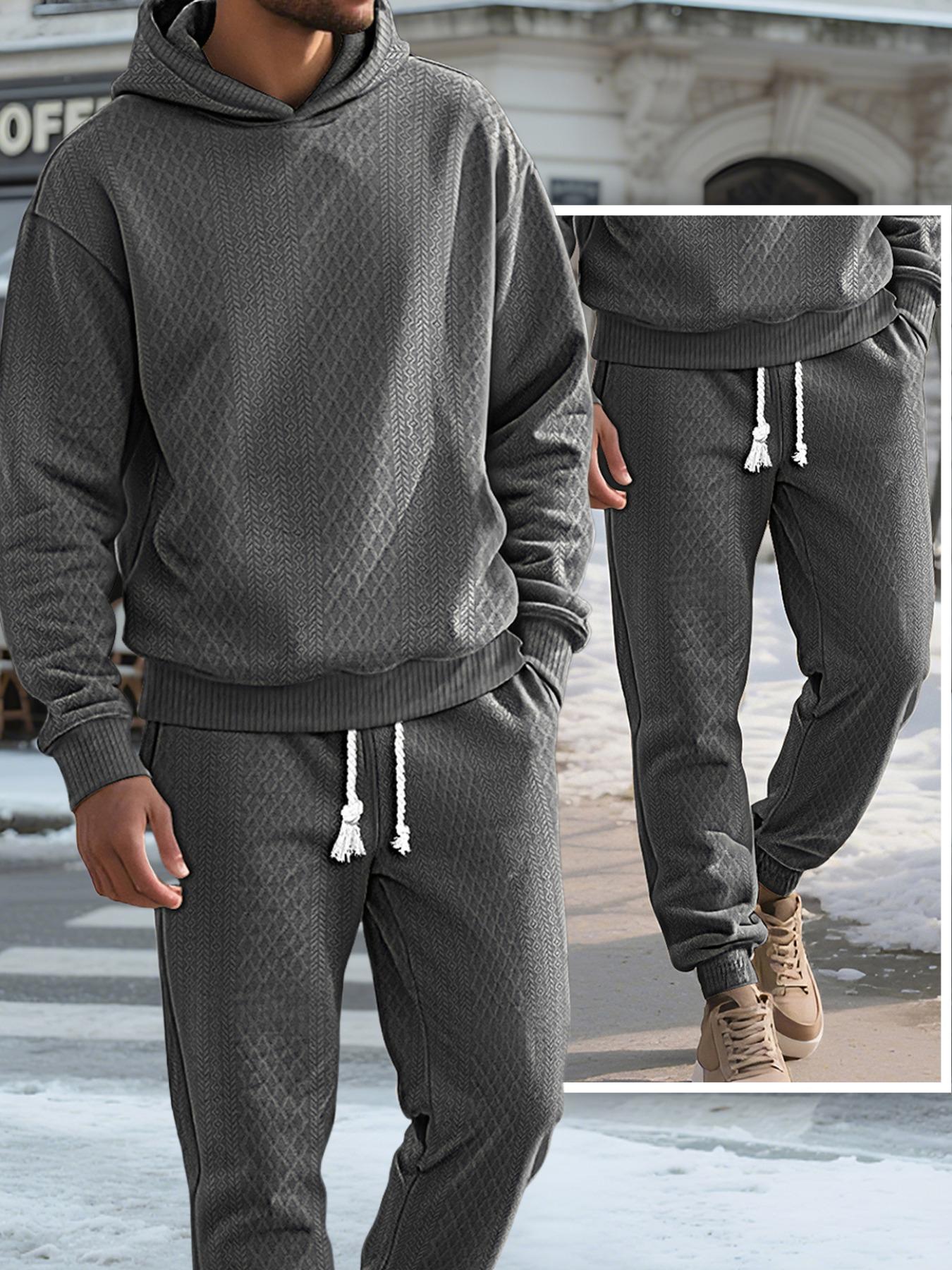 Two-piece men's solid color hooded sweatshirt and drawstring pants set, jacquard texture casual long-sleeved top with long pants autumn and winter men's clothing set, sportswear jumpsuit, Fall outfit, Sweatsuit Sets