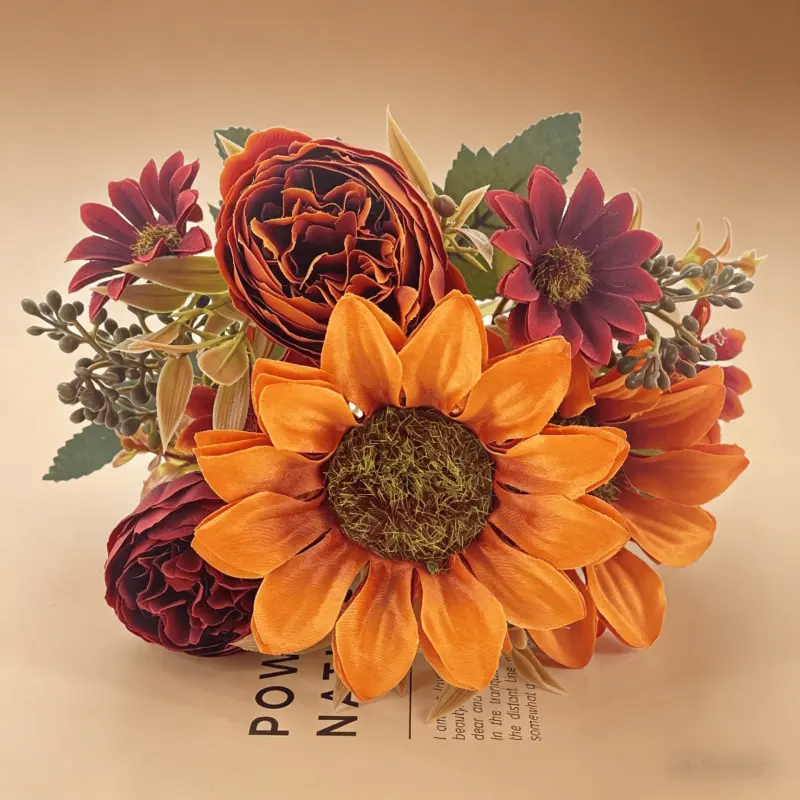 Autumn Themed Artificial Sunflower and Peony Bouquet for Table Centerpiece and Shelf Decor