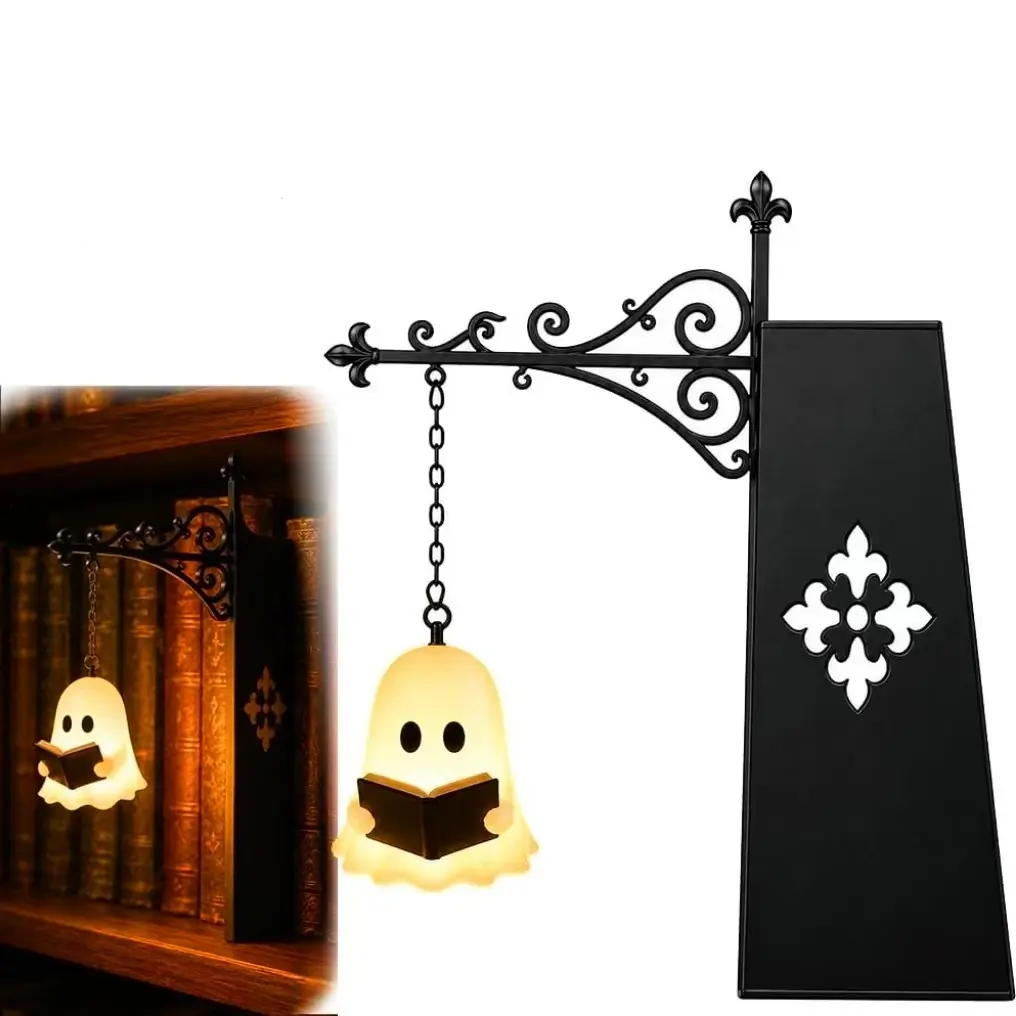 Ghost Bookshelf Lantern，Library Mini Bookshelf Lamp, Little Cute Lantern-Decorative Library Hanging PLA Lighting, Miniature Halloween Vintage Patchwork Reading Book LED Nightlight, Battery Operated Lights