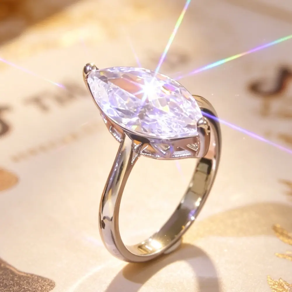 Marquise Cut Solitaire Promise Ring, White Tone with Large Center Stone, Minimalist Statement Band, Ideal for Engagement, Anniversary & Daily Wear