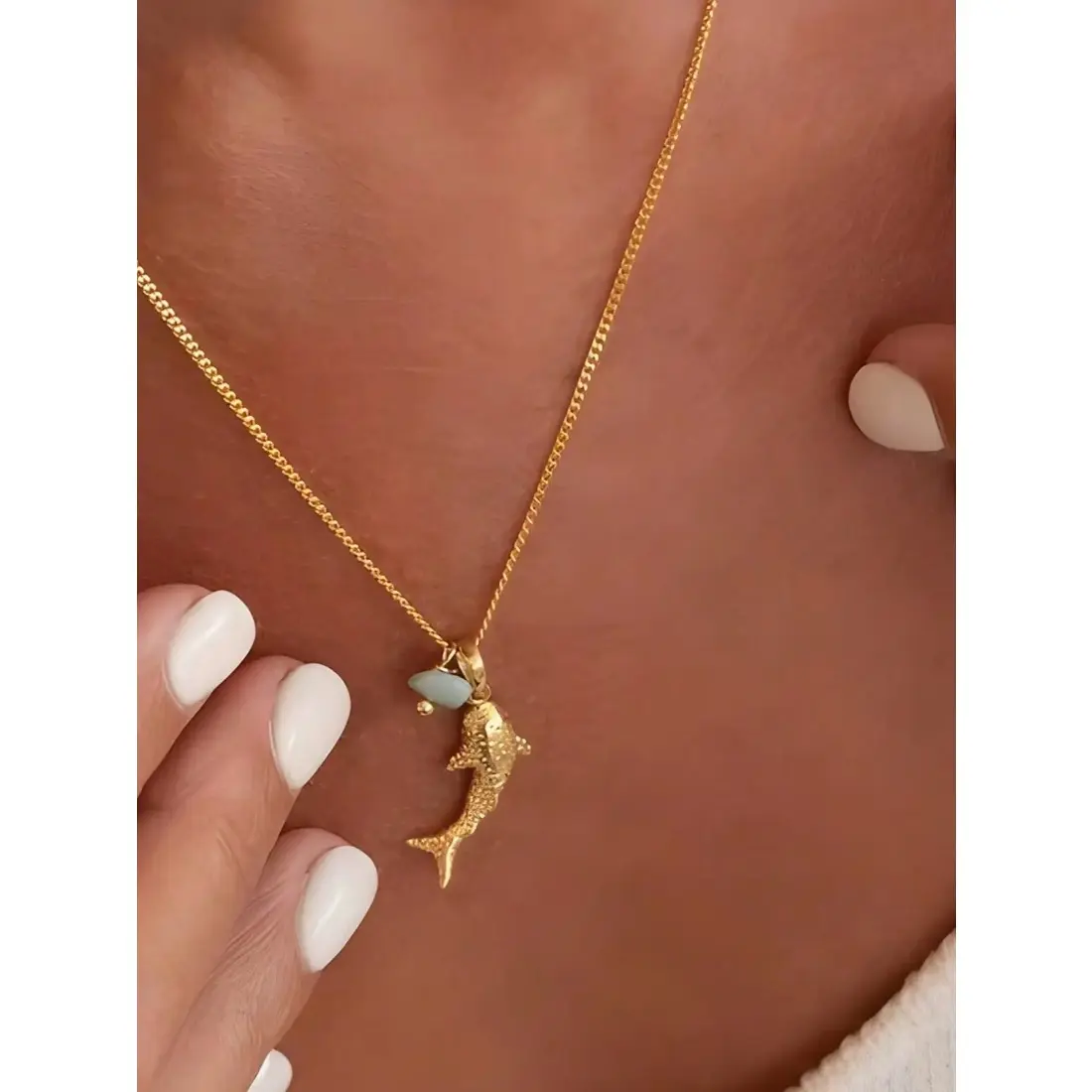 Women's Fashion Elegant Ocean Style Shark Pendant Fancy Chain Link Necklace, Natural Stone Inlay Trendy Jewelry Fashion Accessory Necklace Gift for Weddings Engagements Parties