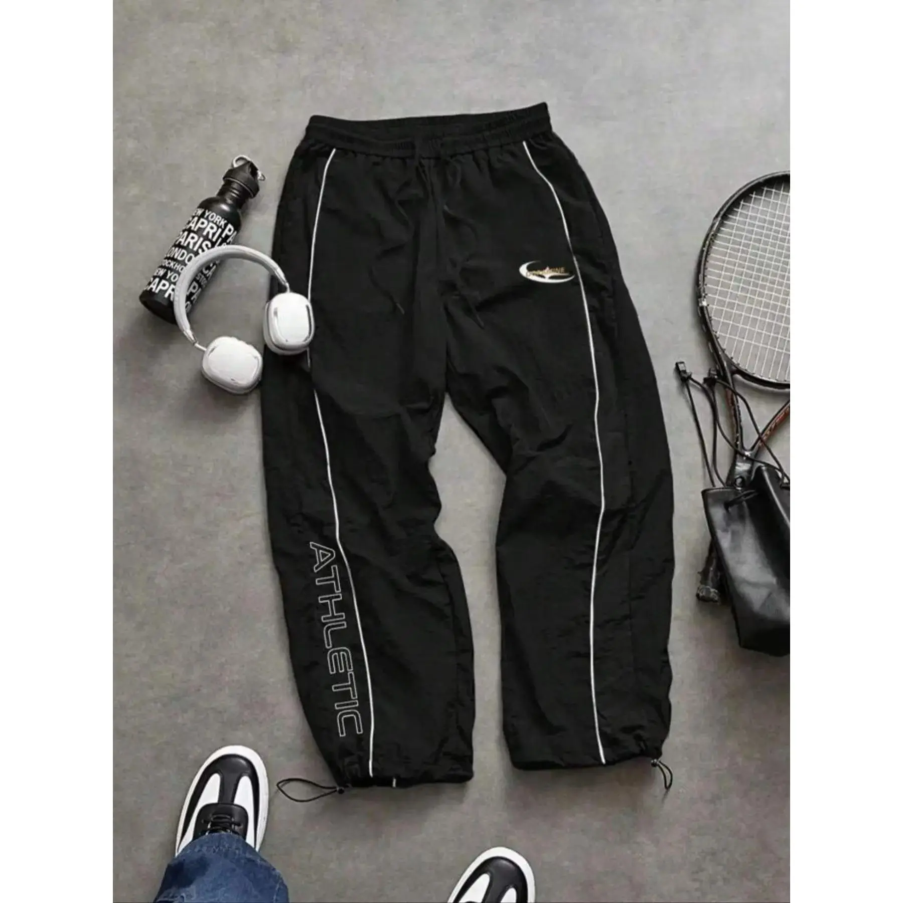 Men's Casual Sporty Loose-Fit Long Pants - Elastic Cuff, Fashionable Print, Lightweight Fabric, Ideal for Daily Wear