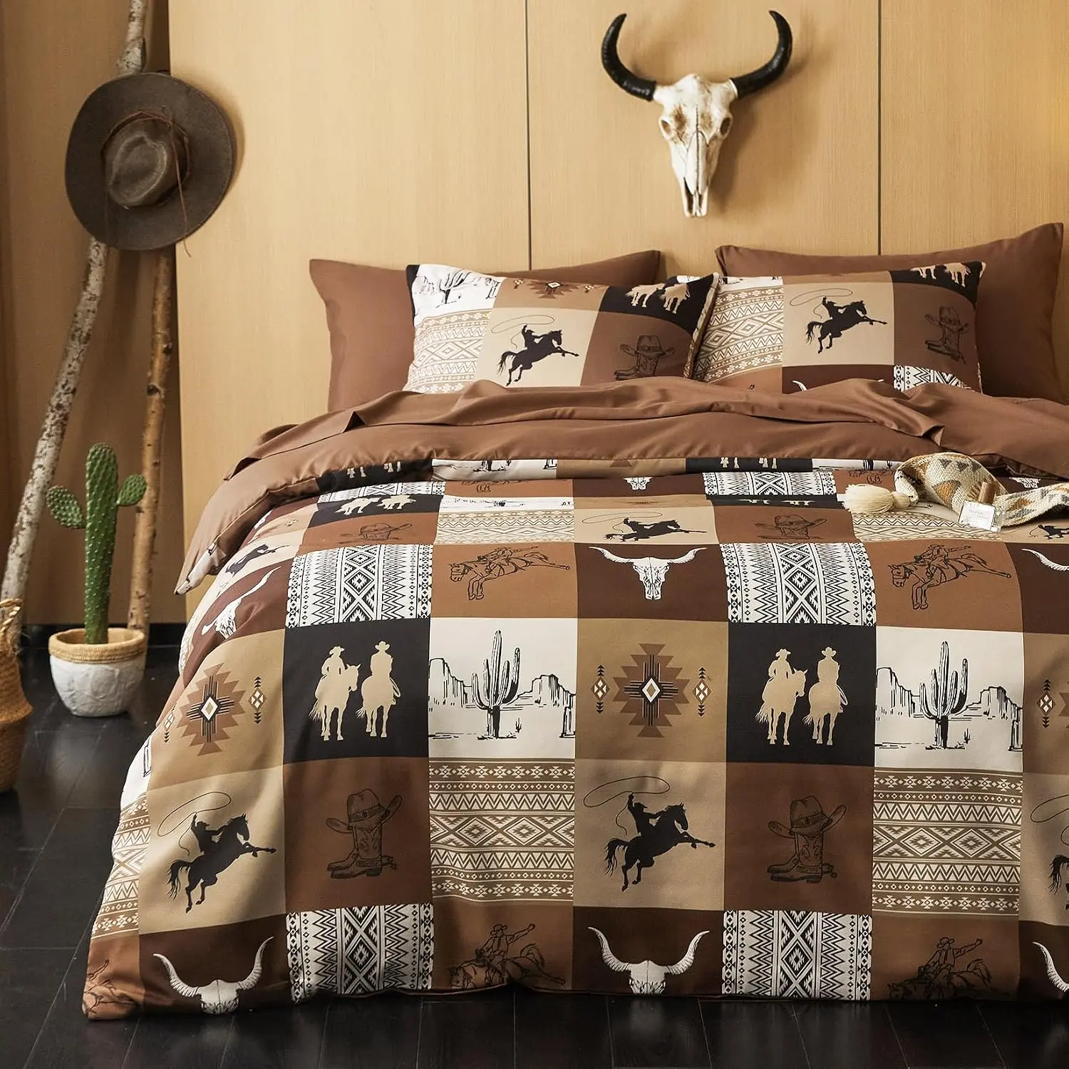 - Comforter Set, Southwestern Aztec Horse Rustic Ranch Pattern Printed, Soft Lightweight Bedding, 3 Pieces, Tan Brown, Queen Size
