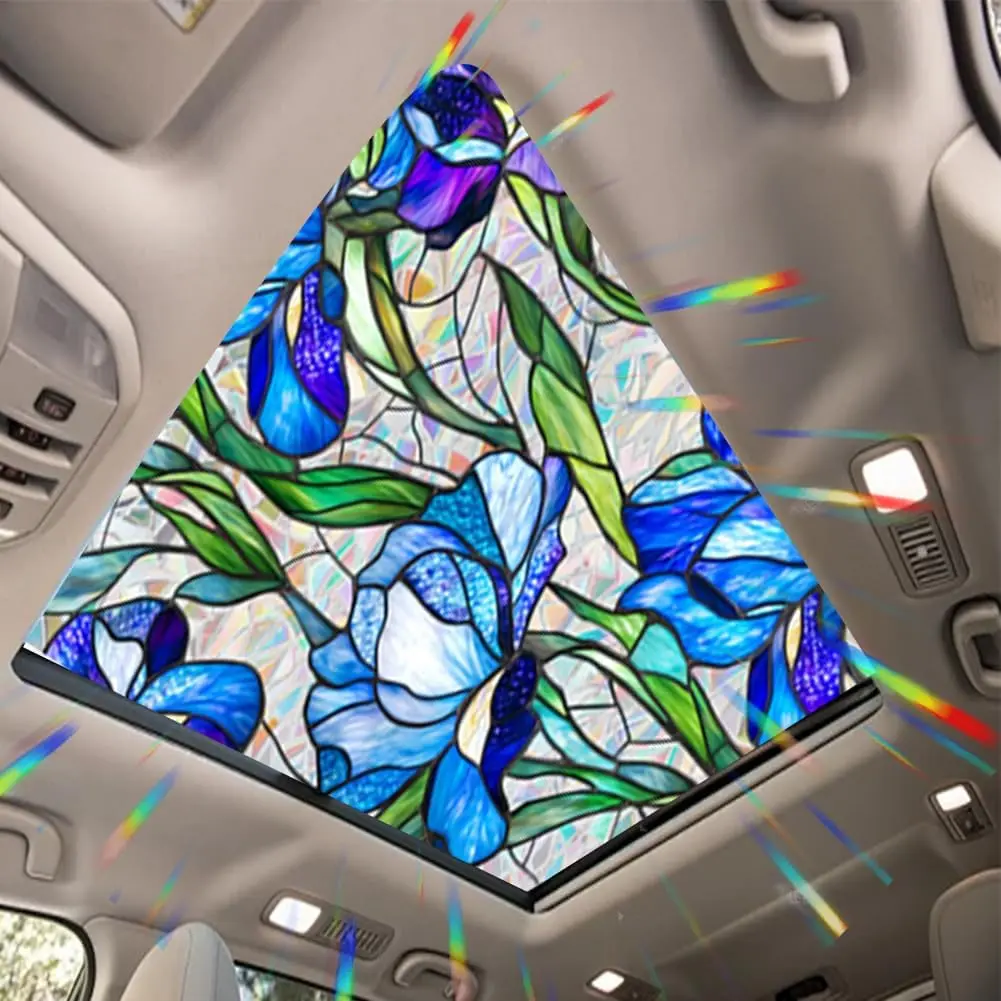 Blue   Sunroof Film Floral Rainbow Effect Static Clings Window  Film Sun Protection Stained Glass  for  Moonroof & Side Windows, 17.72 x 35.43 Inch