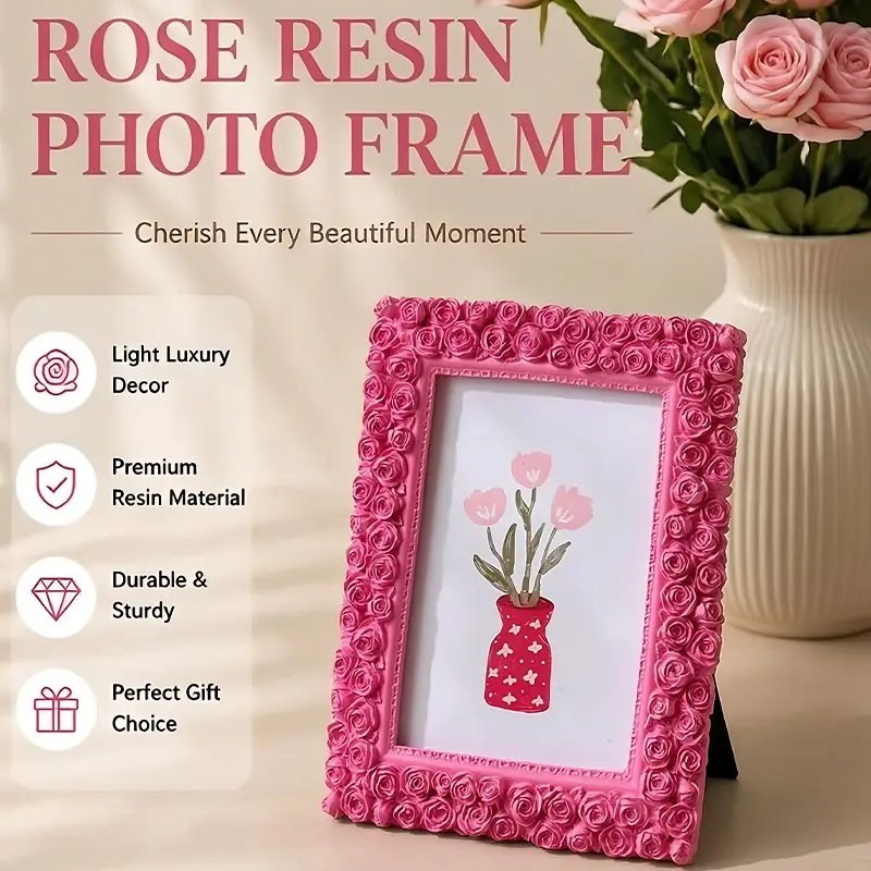 Roses Frame 4x6, 3D Resin Floral Photo Frame, Vintage Romantic Aesthetic Desktop Decor, Perfect Gift for Couples, Valentine's Day, Anniversary, Picture Frames for Desk