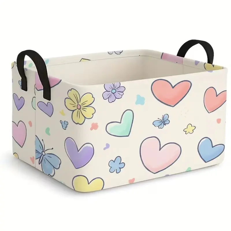 1pc, Vibrant Heart-Shaped Patterned Design, Oversized Collapsible Storage Basket, Open Storage Container, Rectangular Fabric Storage Box with a Handle, Organizer for Clothes And Gifts, Home Storage And Decor