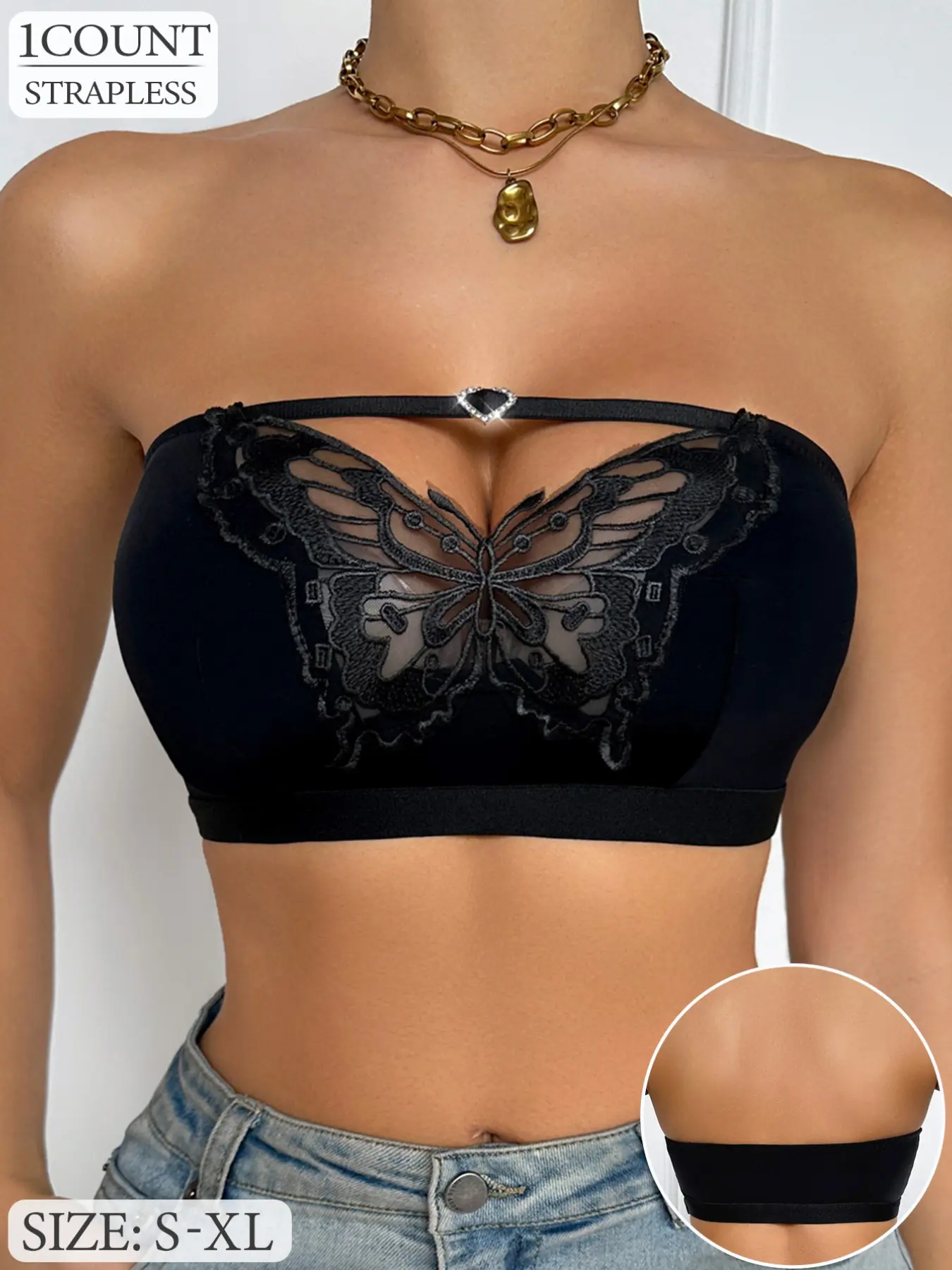 1 Piece Women's Strapless Bralette Bandeau Bra Water-Soluble Butterfly Lace Tube Top Bra with Heart Rhinestone No Underwire No Pad Sexy Crop Top for Daily Wear & Parties