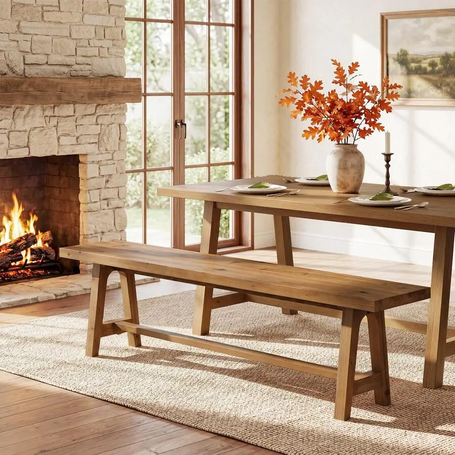 63-Inch Solid Wooden Dining Bench, Farmhouse Brown Indoor Kitchen Bench for Dining Room - Easy Assembly, Simple Decor Style