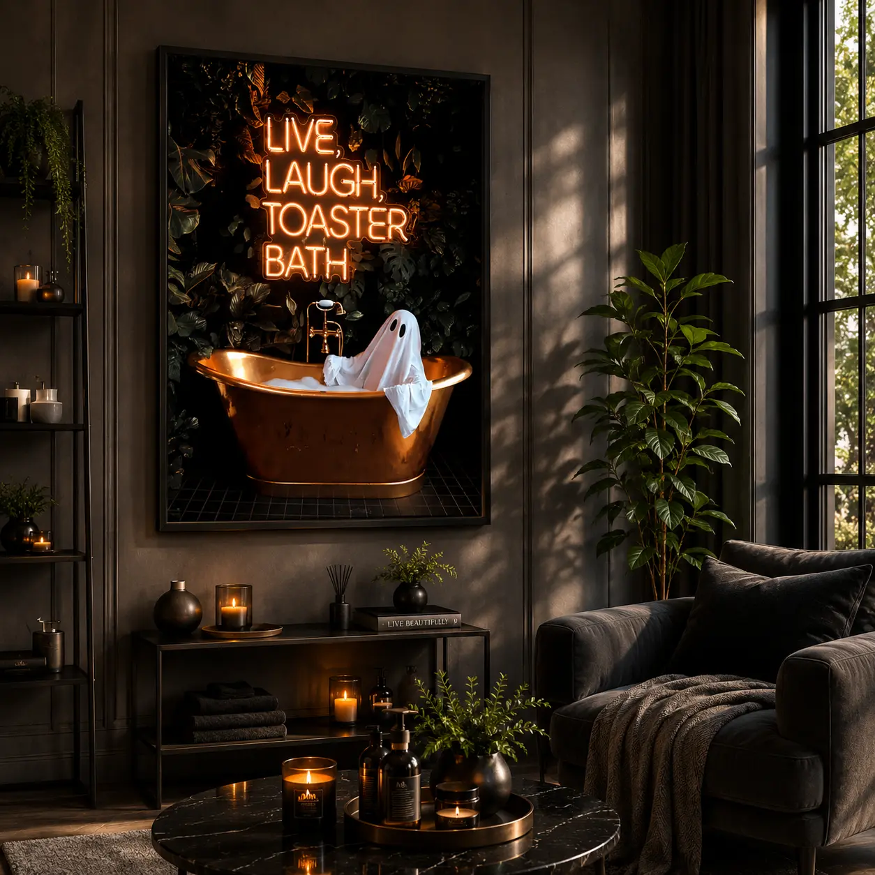 Gothic Ghost Wall Art – 'Live Laugh Toaster' Funny Bath Poster | Dark Academia Halloween Decor, Spooky Witchy Canvas with Cute Ghost in Bathtub | Neon Sign-Inspired Artwork for Bathroom or Restroom
