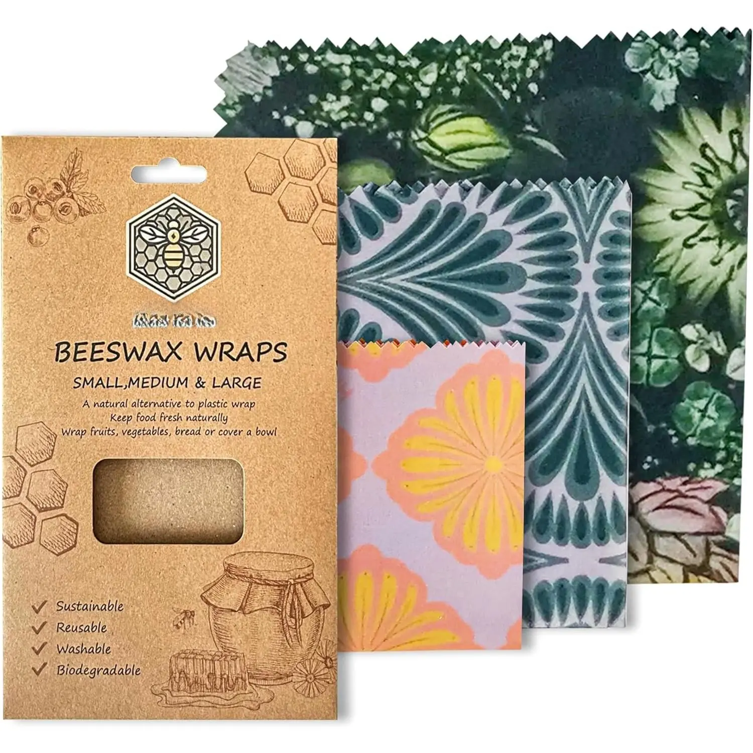 Beeswax Wraps, Small Medium Large Sizes, Sustainable   Storage, Washable