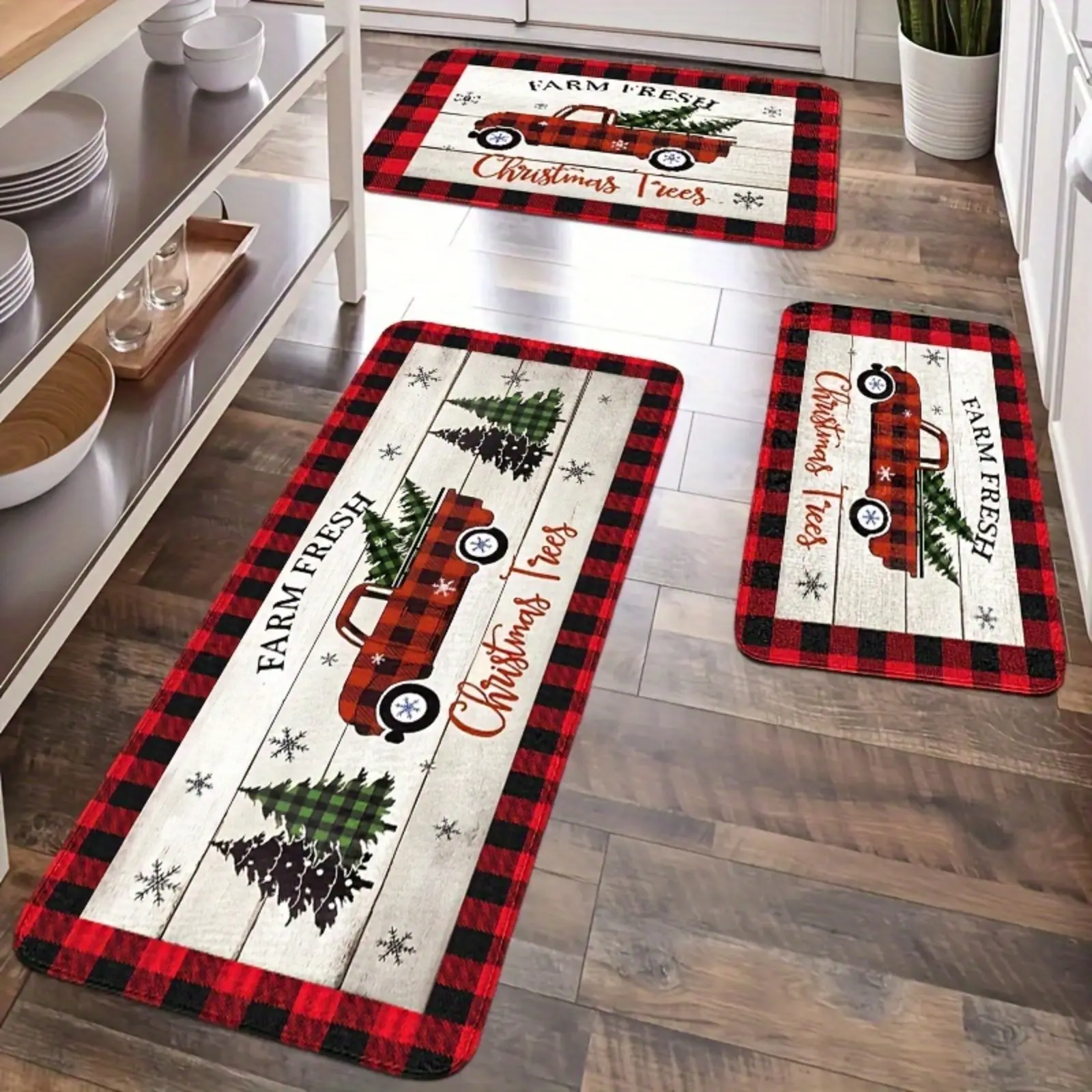 1/2/3pcs Set of Christmas Kitchen Flannel Mats, Vintage Rural Red Truck Carpet, Christmas Tree Carpet, Anti-Slip, Suitable for Bedrooms, Living Rooms And Dining Rooms, Gift for And Family, Birthday Gift, Kitchen Additions, Halloween Decorations