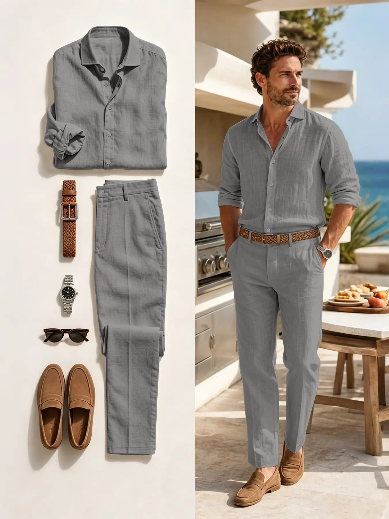 Men's Linen Two-Piece Set, Classic Aesthetic Lightweight Long Sleeve Shirt and Pants, Casual Daily Wear, Summer Autumn Beach, Button Front Design