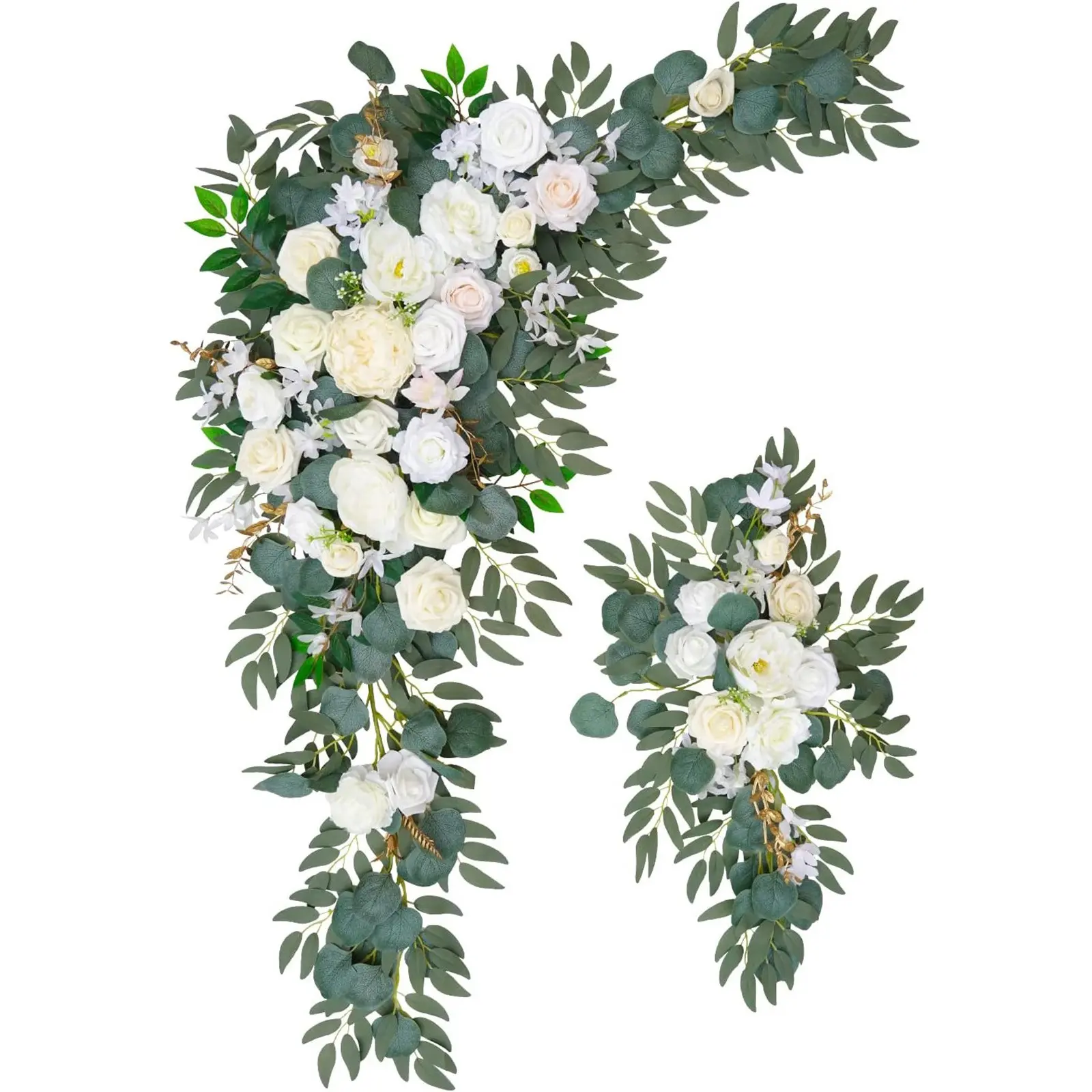 2 PCS white artificial wedding arch decoration flowers, Artificial flower ornament, simulated roses paired with green leaves, suitable for banquets, parties, wedding background decoration, outdoor garden decoration