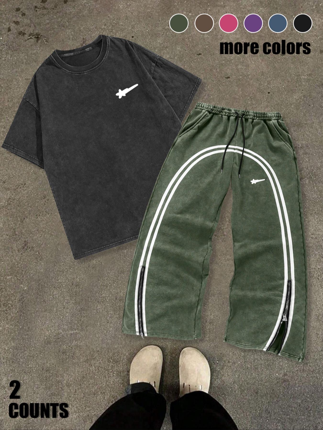 Men's Star & Striped Print Tee & Pants Set, Loose Fashion Round Neck Short Sleeve T-shirt & Trousers for Daily Outdoor Wear, Men's Clothing for Spring & Fall, Menswear