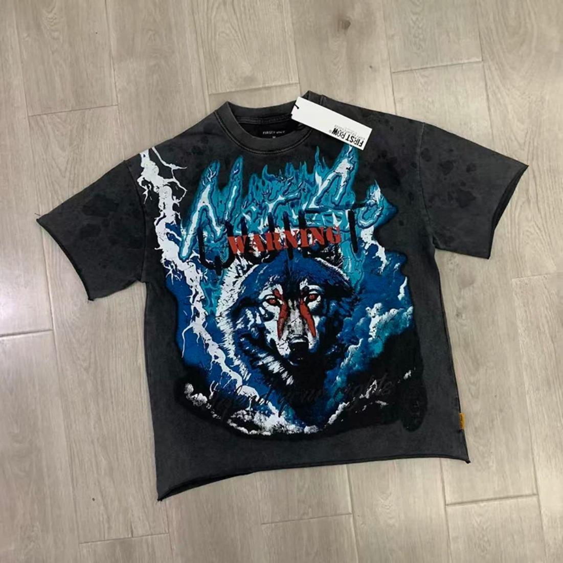 Casual FIRST ROW T-Shirts Washed Street Fashion American Style Hot Drill Letters Mens Womens High Quality Short Sleeves Tee Streetwear Trendy Graphic Tee Urban Fashion Cool Casual Look Unisex Stylish Summer Tee