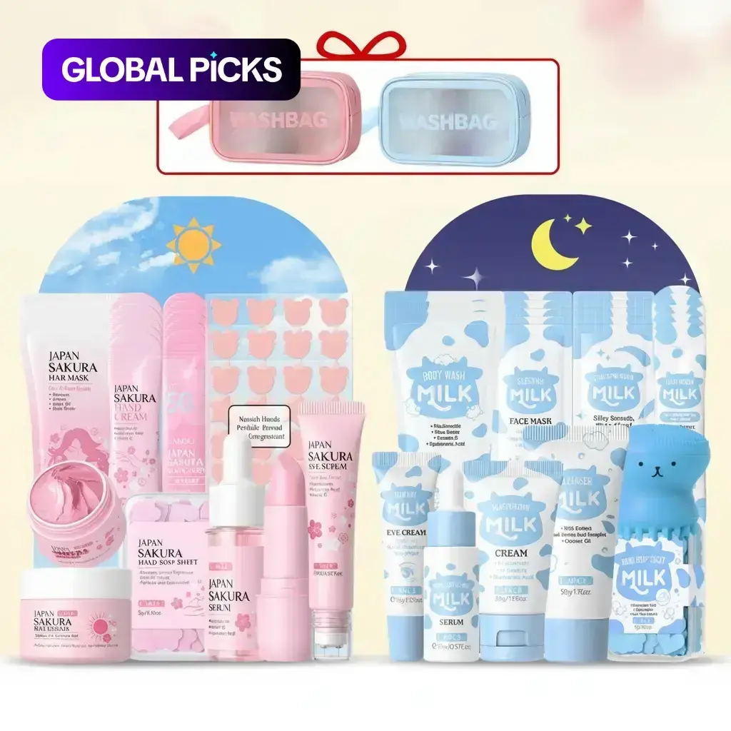 Sakura Milk Day & Night Moisturizing Skincare Set, Facial Care Set, Including Cleanser, Toner, Patches, Lip Balm, Face Cream, Sunscreen, Exfoliator, Eye Cream and Mask, Rejuvenating Skin Care Spa Gift Set #GLOBAL PICKS