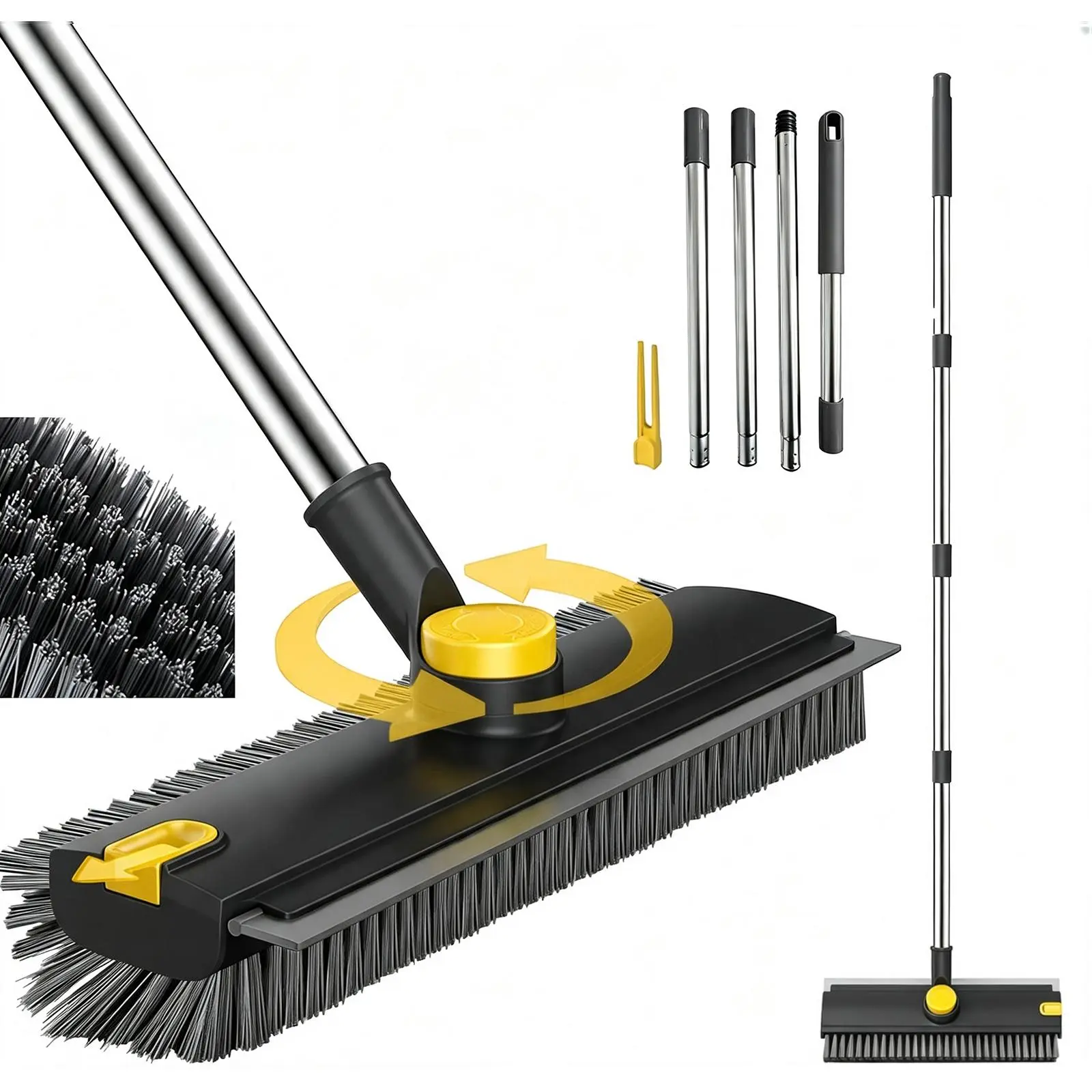 3-in-1 Multi-Function Floor Scrub Brush with Adjustable Stainless Steel Long Handle, 360° Rotating Bristle Brush & Silicone Squeegee for Tile Concrete Glass Grey White