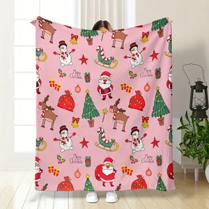 One-Piece Christmas Decoration Plush Blanket, Santa Claus Gift Flannel Throw Blanket, Pink Christmas Snowman Print Plush Blanket, Suitable For Bed, Sofa, Chair, Living Room Decoration, All-Season Use