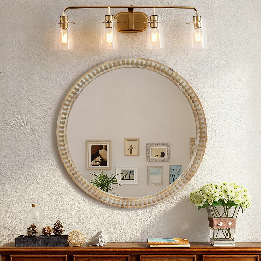 Littleox Round Decorative Wall Mirror, 23.62" Distressed Wood Beaded Frame Mirror for Entryway, Living Room, Bathroom, Farmhouse Style Accent Mirror