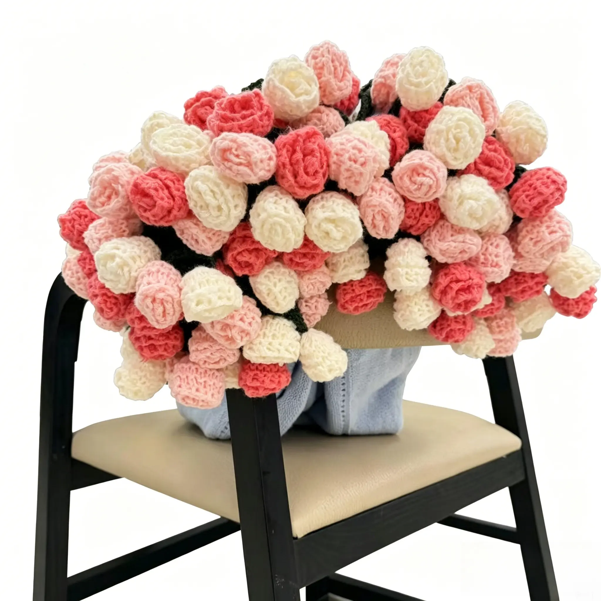Handmade 52-Piece Crochet Flower Bouquet Convertible Decorative Blanket - 100cm Diameter Everlasting Non-Wilting Milk Cotton Cozy Blanket Throw, Commemorative Romantic Gift for Girlfriend/Wife on Valentine’s Day, One Piece
