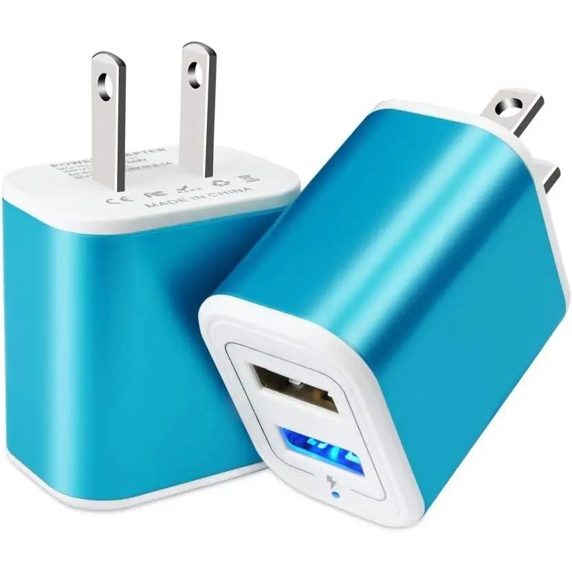 Portable USB Wall Charger Block - 2Pack 2.1A Mobile Charging Port Power Adapter Cube, LED, Cord-Compatible with Phones, Pads, Kindle Fire (Blue)