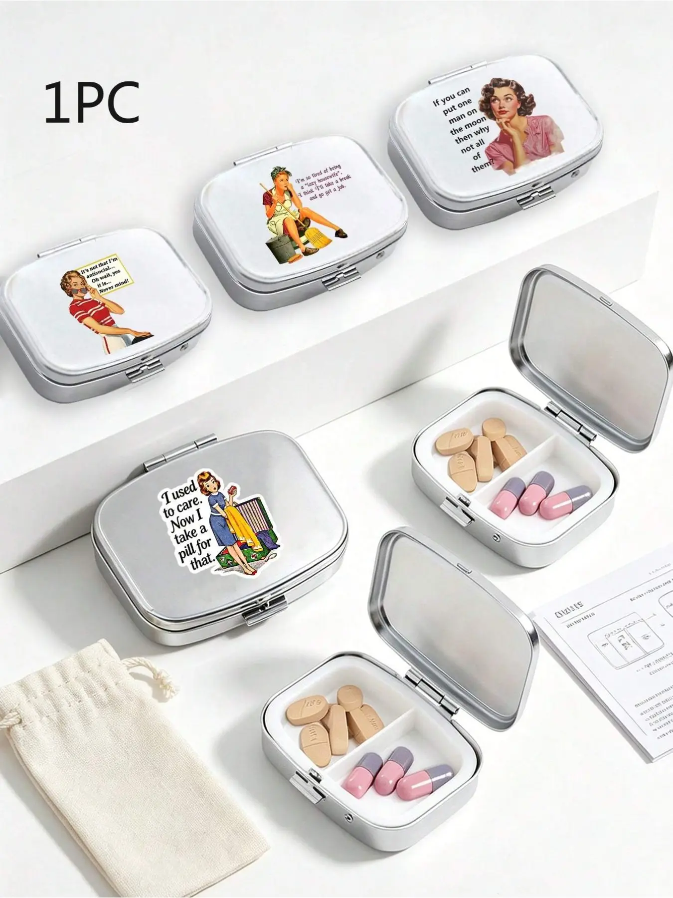 Vintage Pin-up Pill Case, 4 Styles, Mini Moisture-proof Flip Compartment Box for Pills, Candy & Earrings, Portable for Travel School Outdoor, Cute Gift for Women Office Workers Moms