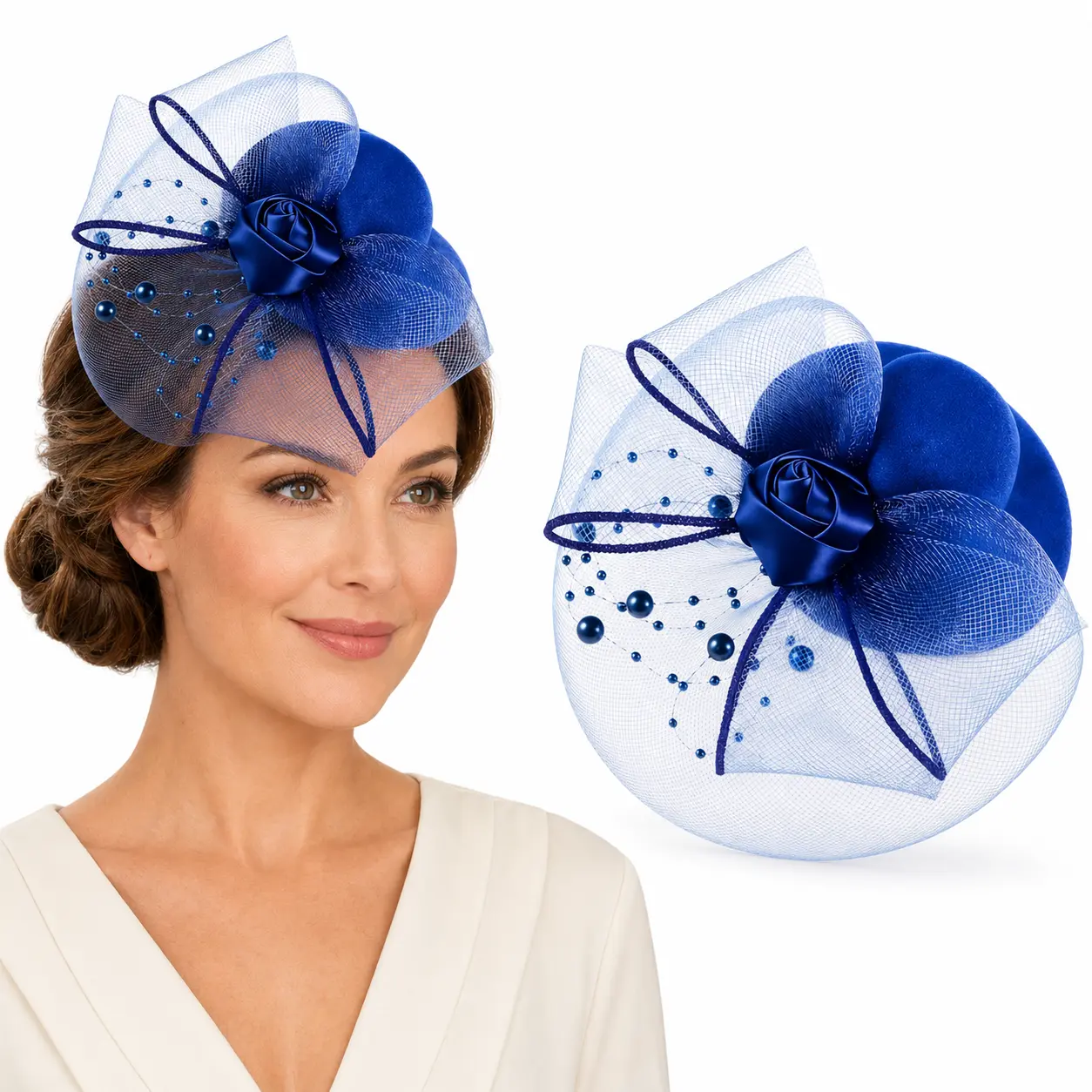 Women’s Mini Fascinator Hat Hair Clip with Mesh Veil, Flower Bow Vintage Headpiece for Tea Party, Wedding and Cocktail Party