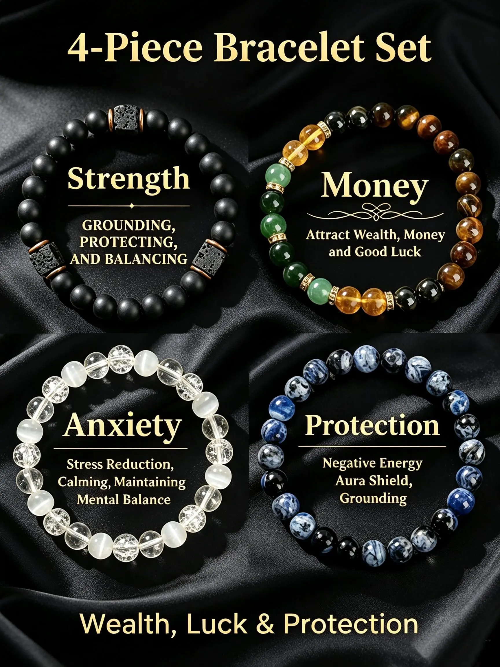 4pcs Bohemian Feng Shui Bracelets Set, Unisex Tiger Eye Obsidian Hematite Beads, Protective Wealth Anxiety Relief, Summerwins Gift