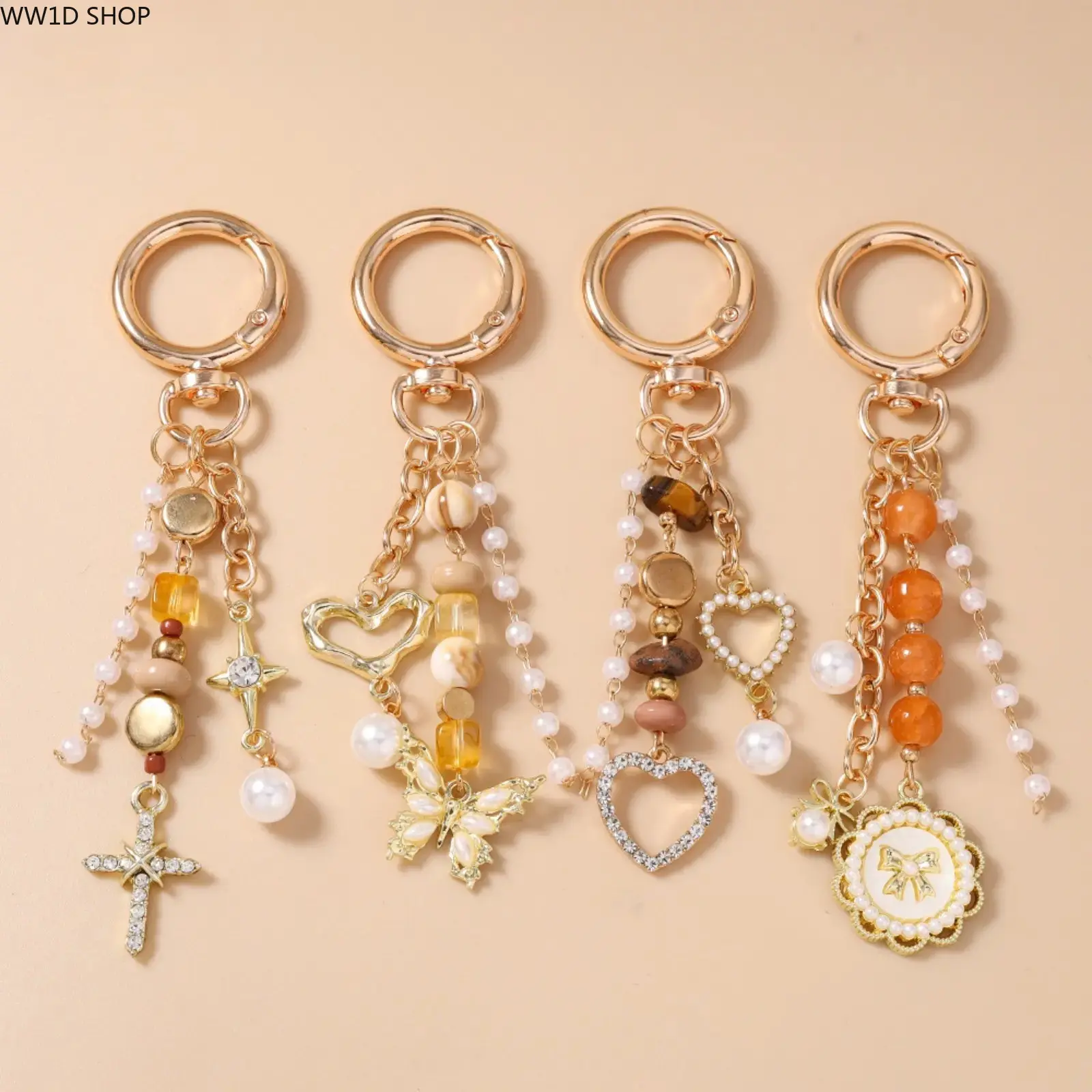 Women's Bohemian Vintage Lightweight Beaded Keychain - Round Disc, Cross, Butterfly, Heart Gemstone, Shimmer Pearl Mix Pendants Wristlet for Handbags, Backpacks | Birthday Gift Idea, Durable, Elegant, Shimmer Pearls