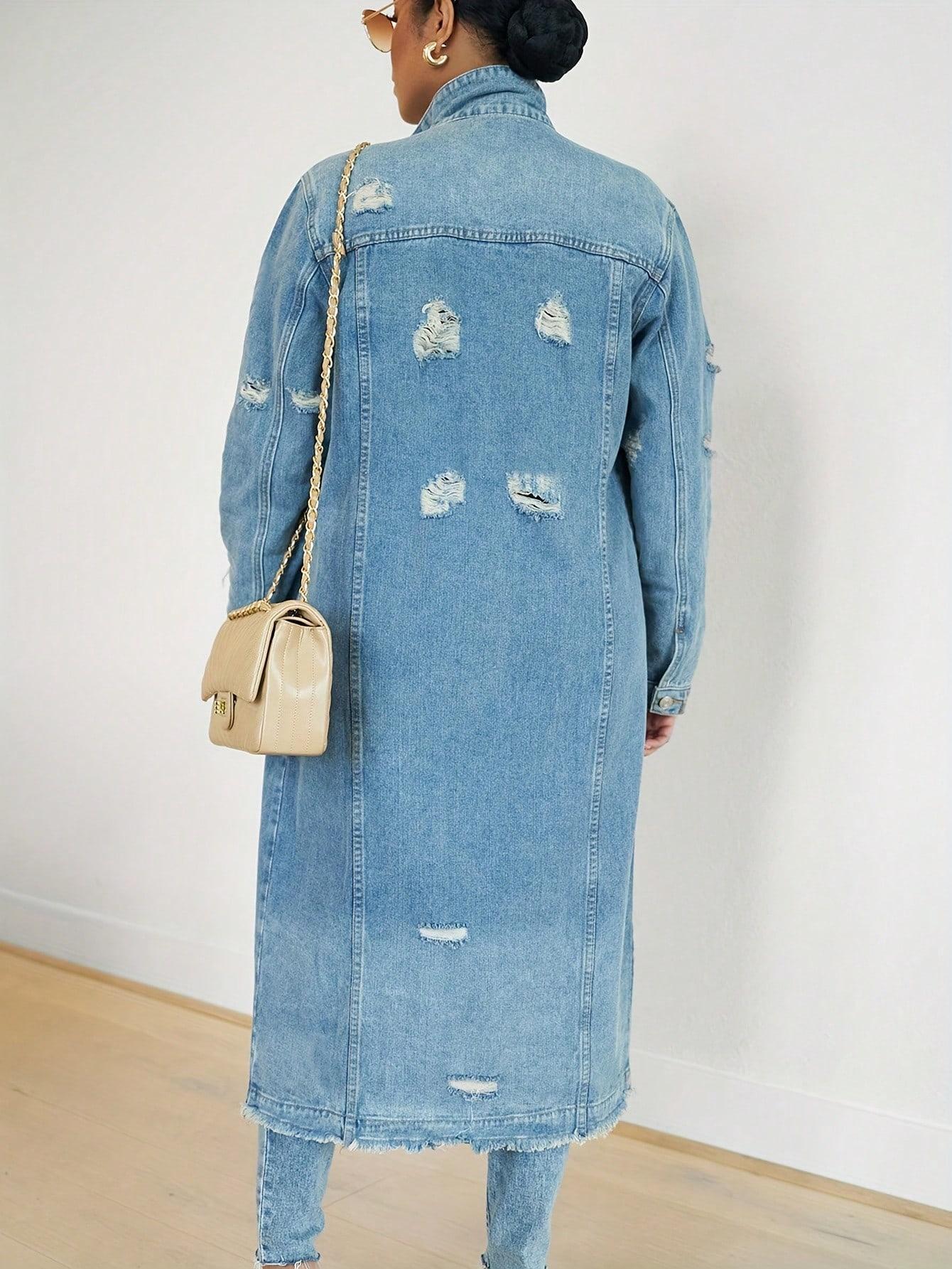 Womens Ripped Denim Trench Coat Casual Slim Button Down Washed Long Jean Jacket Long Sleeve Solid Color Coat