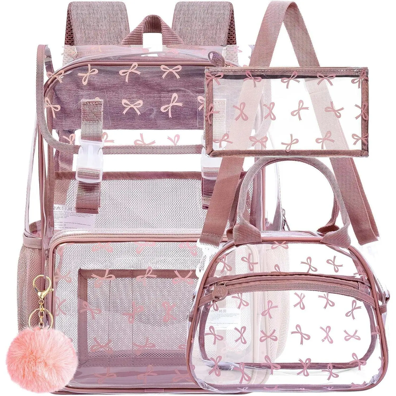 17" Bow Clear Backpack for Girls - 3Pcs Flip Design Stadium Approved Set, Campus/School Transparent Bookbag (Pink)