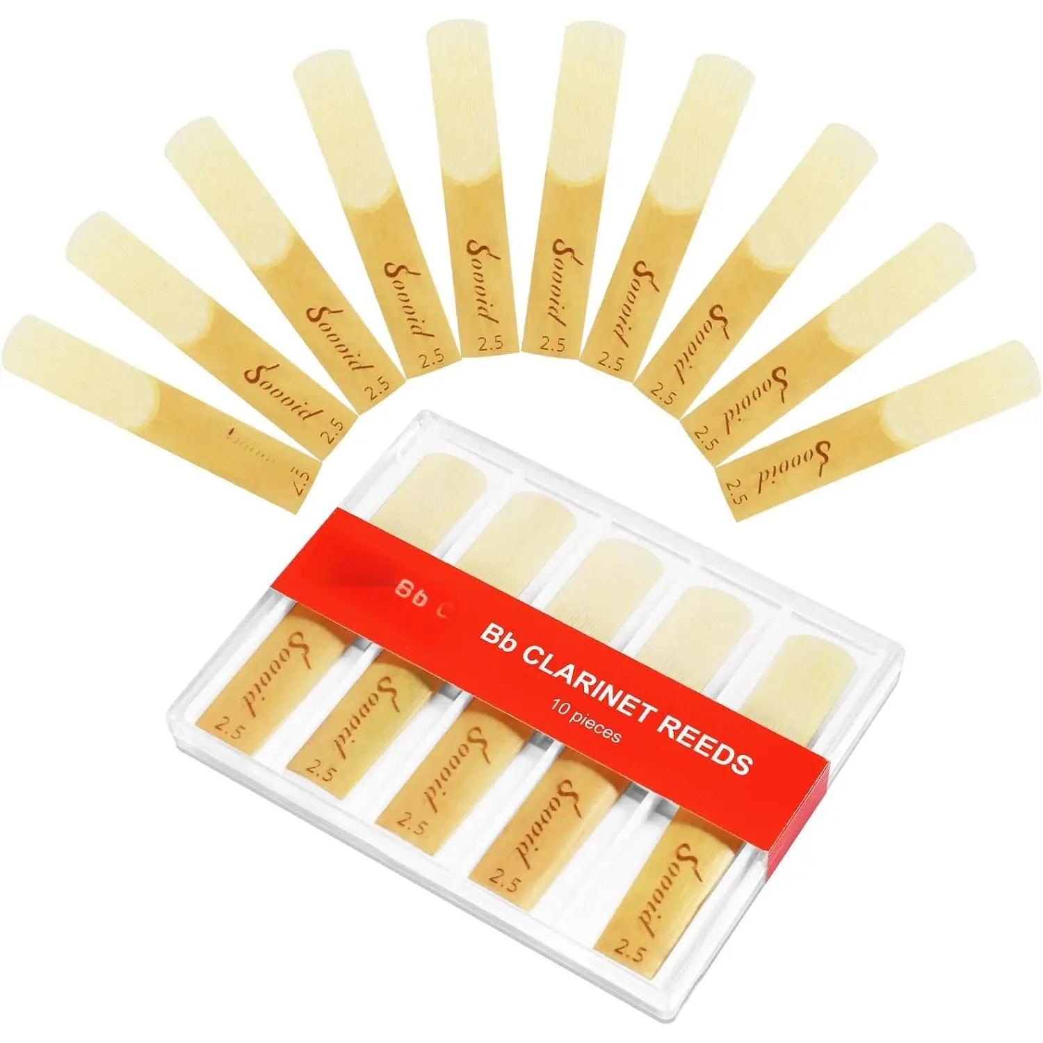 10 Pack  Clarinet Reeds with Plastic Box, Strength 2.5 Reeds for Clarinet, Thinner Reed Tip & Unfiled Cut for Easy of Play, Traditional Reeds for Clarinet Beginner and Player