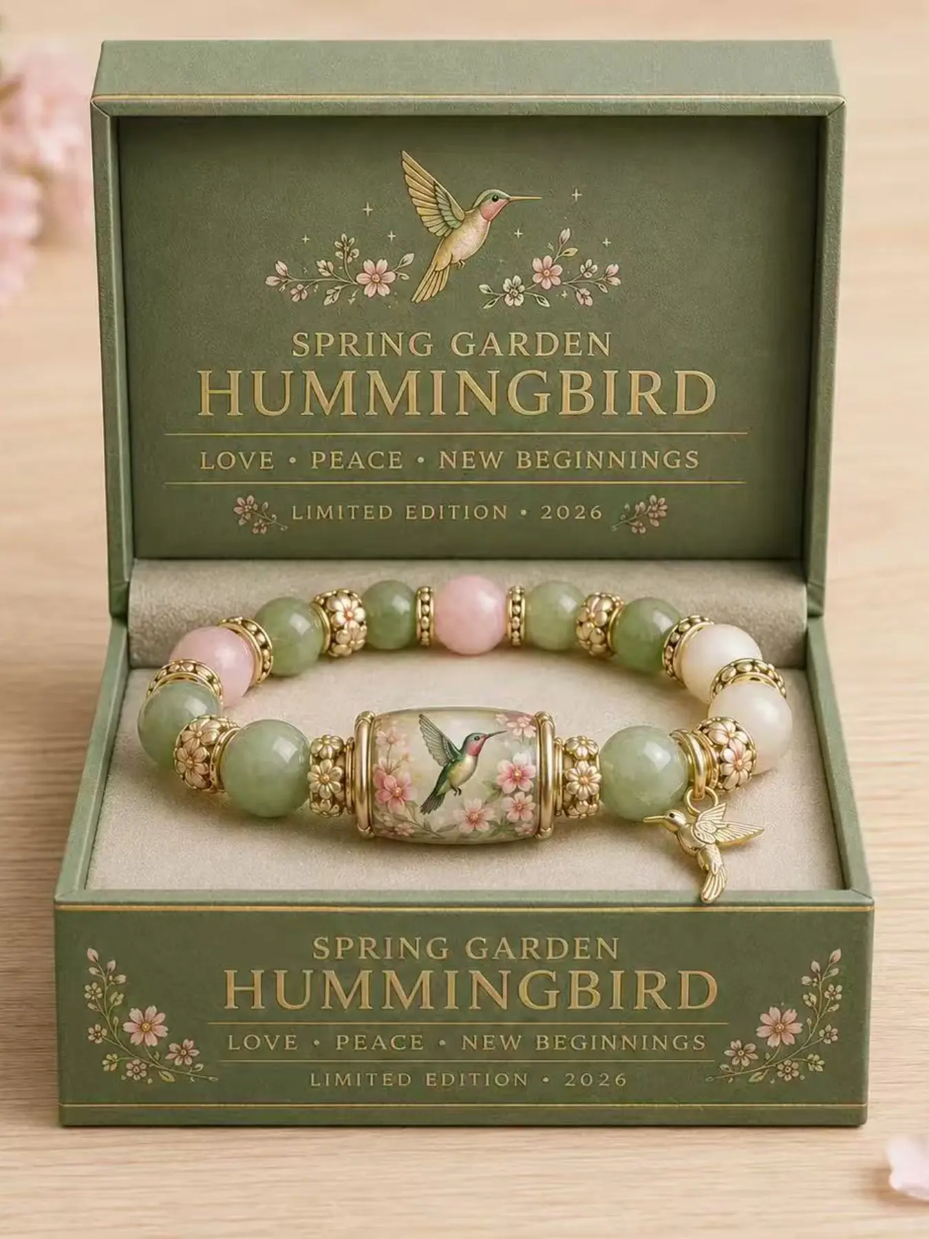 Limited Edition Hummingbird Floral Stone Bracelet, Mixed Rose Quartz & Green Aventurine Beads With 3D Hummingbird Charm, Gift Box Packed Sentimental Jewelry For Birthday Bestie Healing Present Flower Charm Bracelet