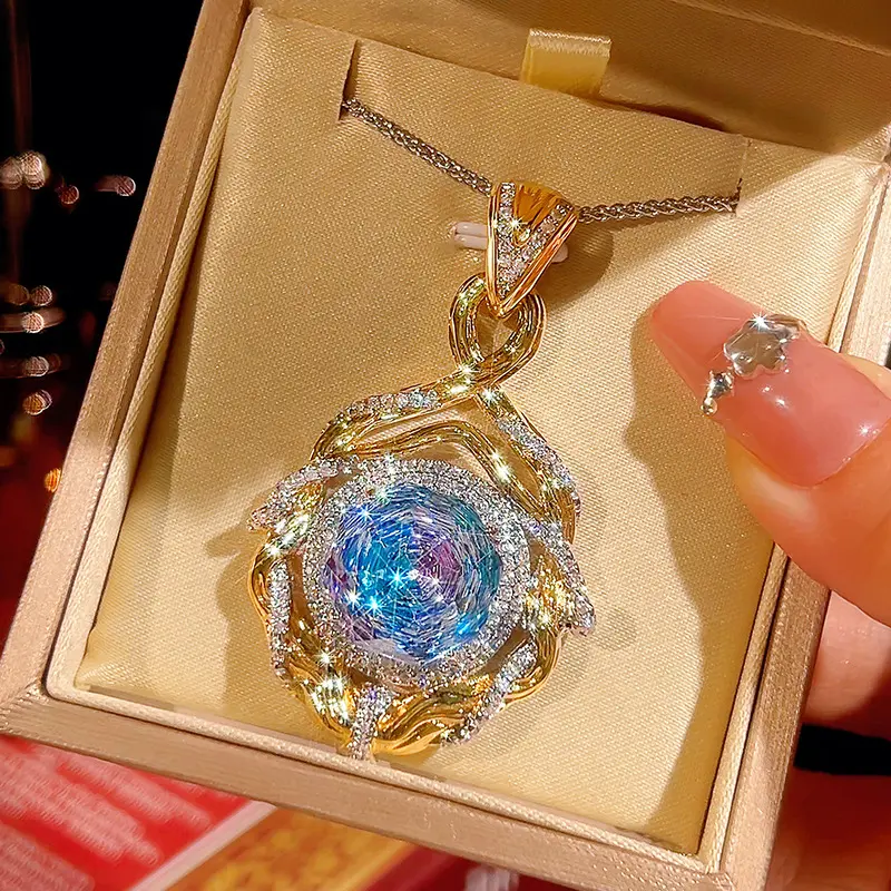 Luxury Ocean Blue Crystal Pendant Necklace Gold Plated Two Tone Twisted Swirl Round Halo Necklaces Sparkly Rhinestone Royal Statement Amulet Choker Christmas Anniversary Gifts for Women