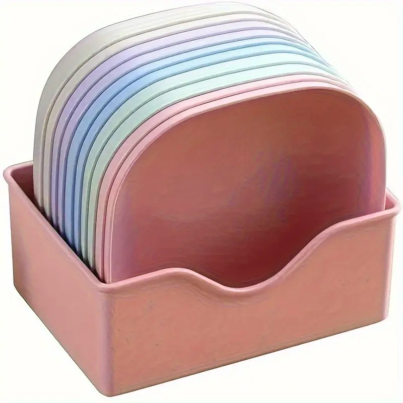 10 randomly colored square plates with 1 bracket - Portable Plastic Food Plates set, perfect for snacks and breakfast - Durable plastic material - Essential kitchen tool